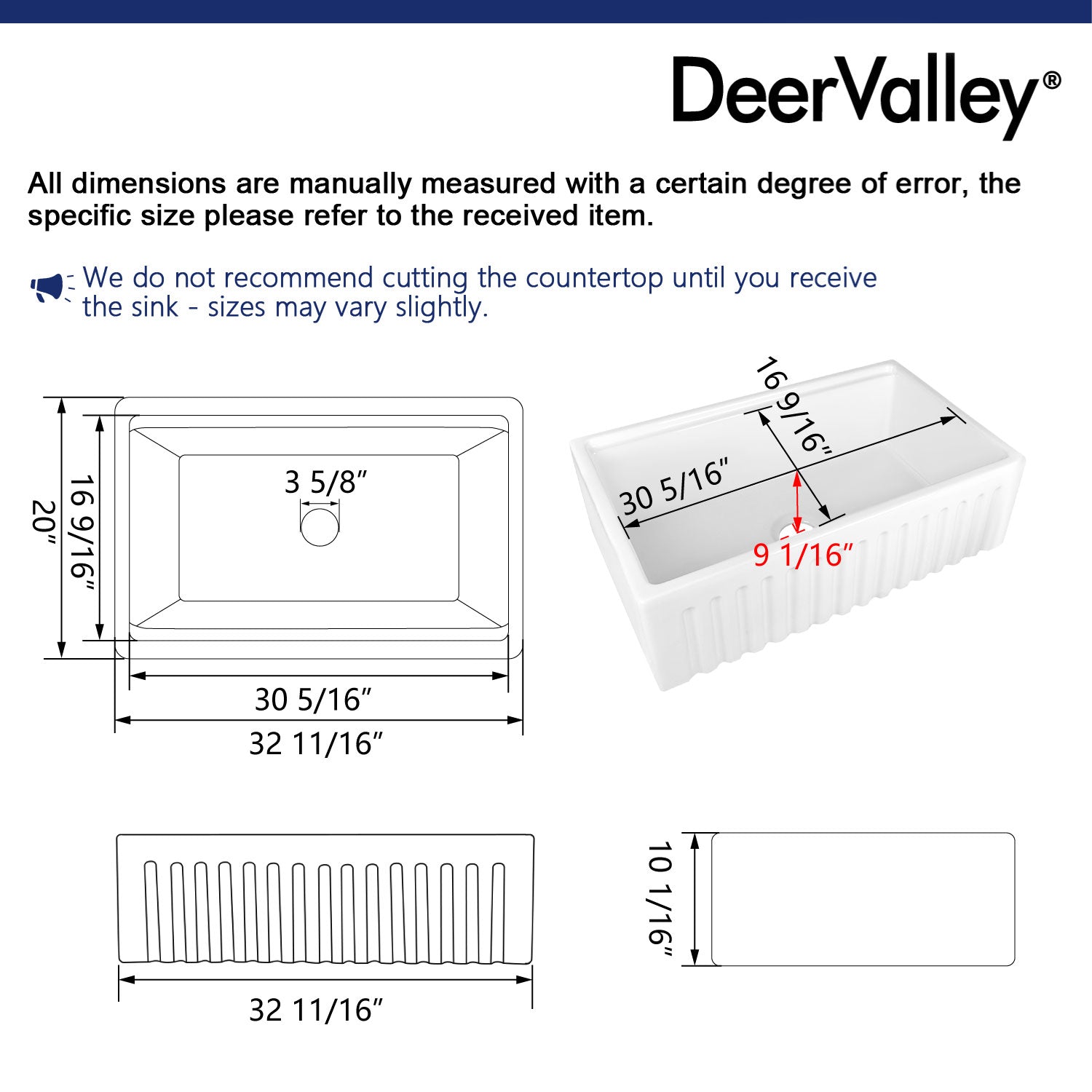 DeerValley 33" Single Bowl Rectangular White Easy-Cleaning Farmhouse Kitchen Sink With Basket Strainer, Basin Rack/Bottom Grid, Cutting Board and Colander