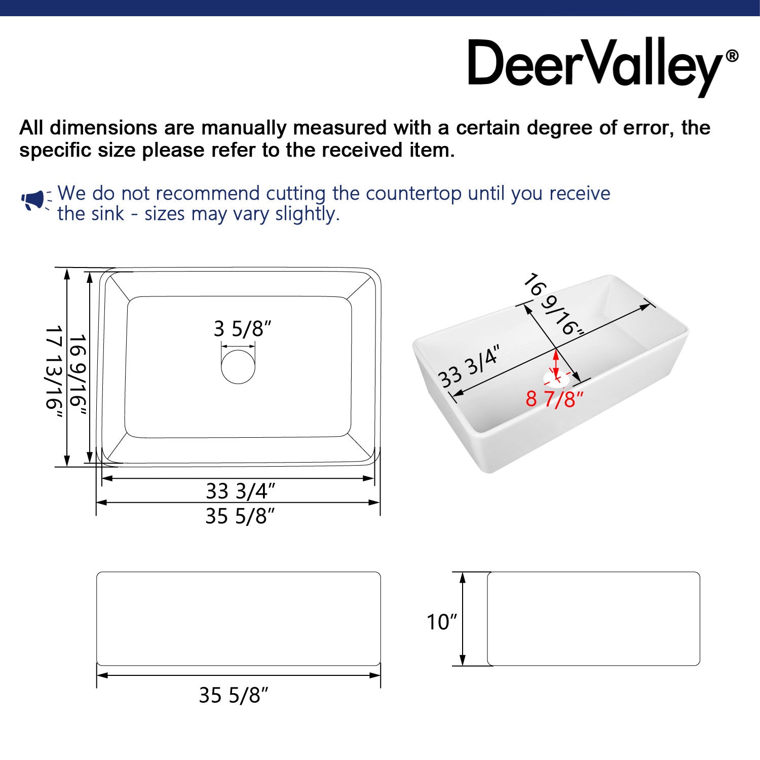 DeerValley DV-1K505 Grove Fireclay 36" L x 18" W Farmhouse Kitchen Sink