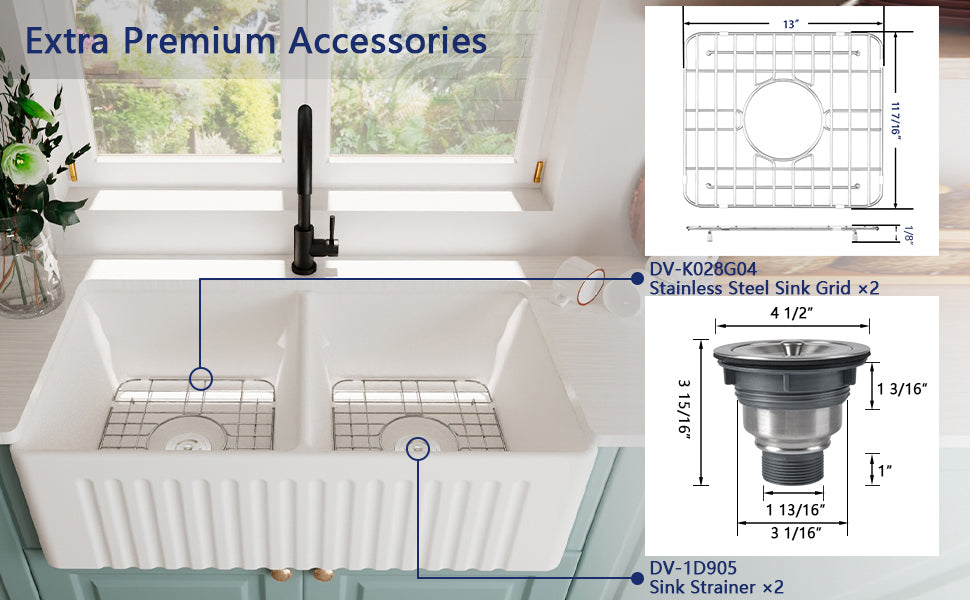 DeerValley Eclipse 33" Double Bowl Rectangular Black Cermic Reversible Farmhouse Kitchen Sink With Basket Strainer Drain and Grid