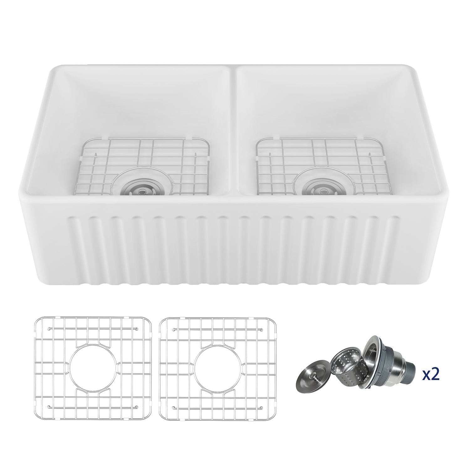 DeerValley Eclipse 33" Double Bowl Rectangular Black Cermic Reversible Farmhouse Kitchen Sink With Basket Strainer Drain and Grid