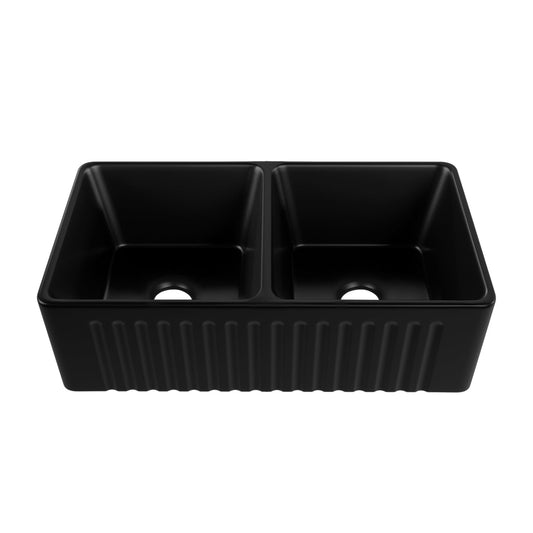 DeerValley Eclipse 33" Double Bowl Rectangular Black Cermic Reversible Farmhouse Kitchen Sink With Basket Strainer Drain and Grid