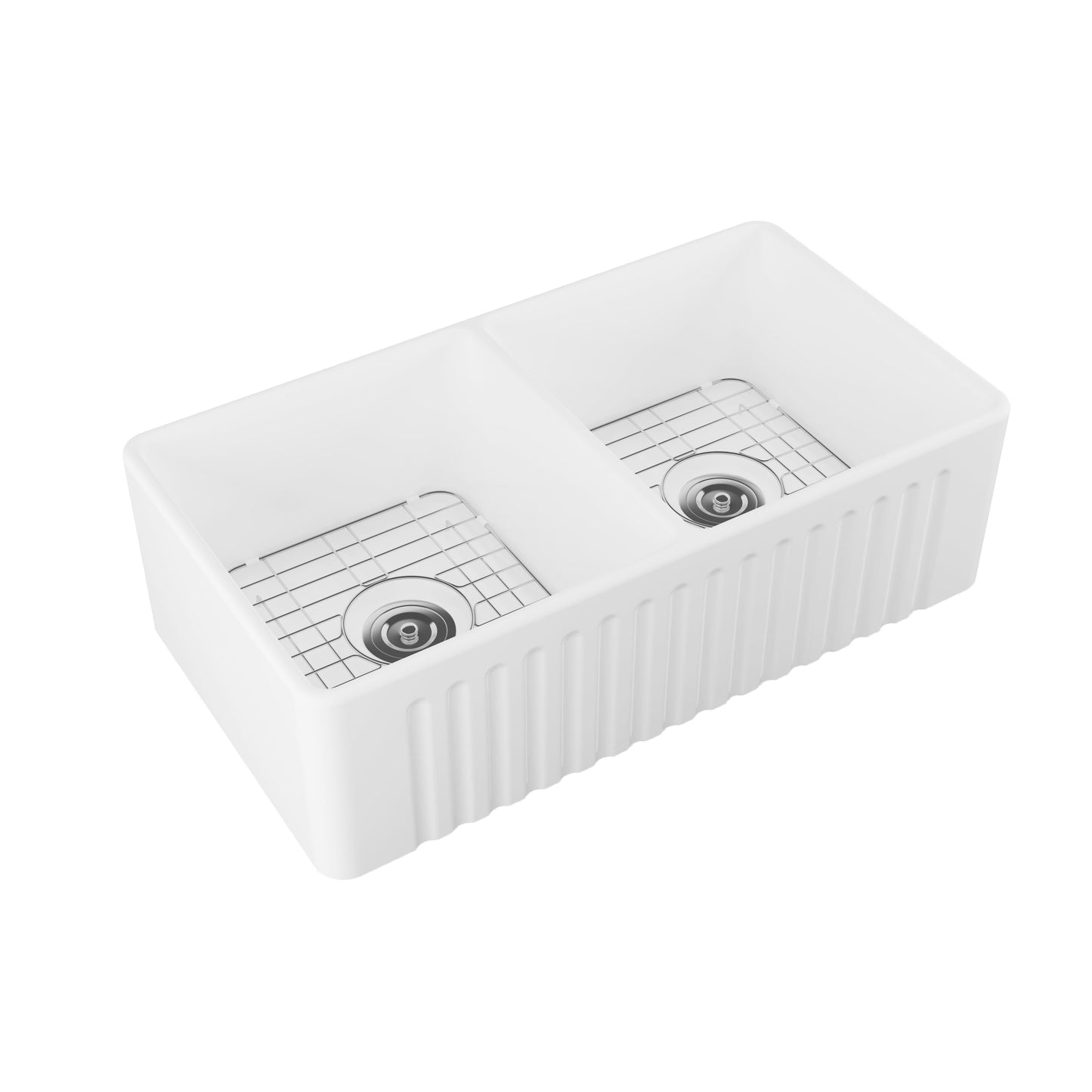 DeerValley Eclipse 33" Double Bowl Rectangular White Ceramic Reversible Farmhouse Kitchen Sink With Basket Strainer Drain and Grid