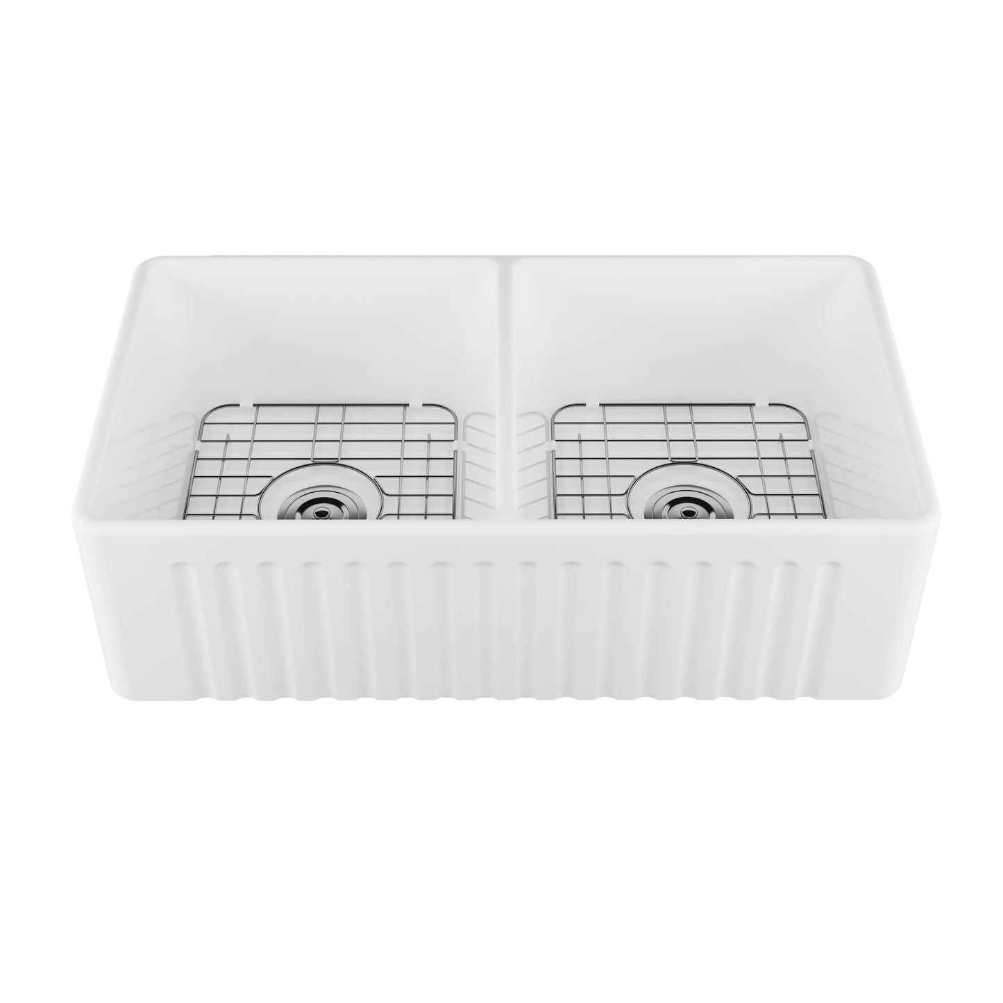 DeerValley Eclipse 33" Double Bowl Rectangular White Ceramic Reversible Farmhouse Kitchen Sink With Basket Strainer Drain and Grid