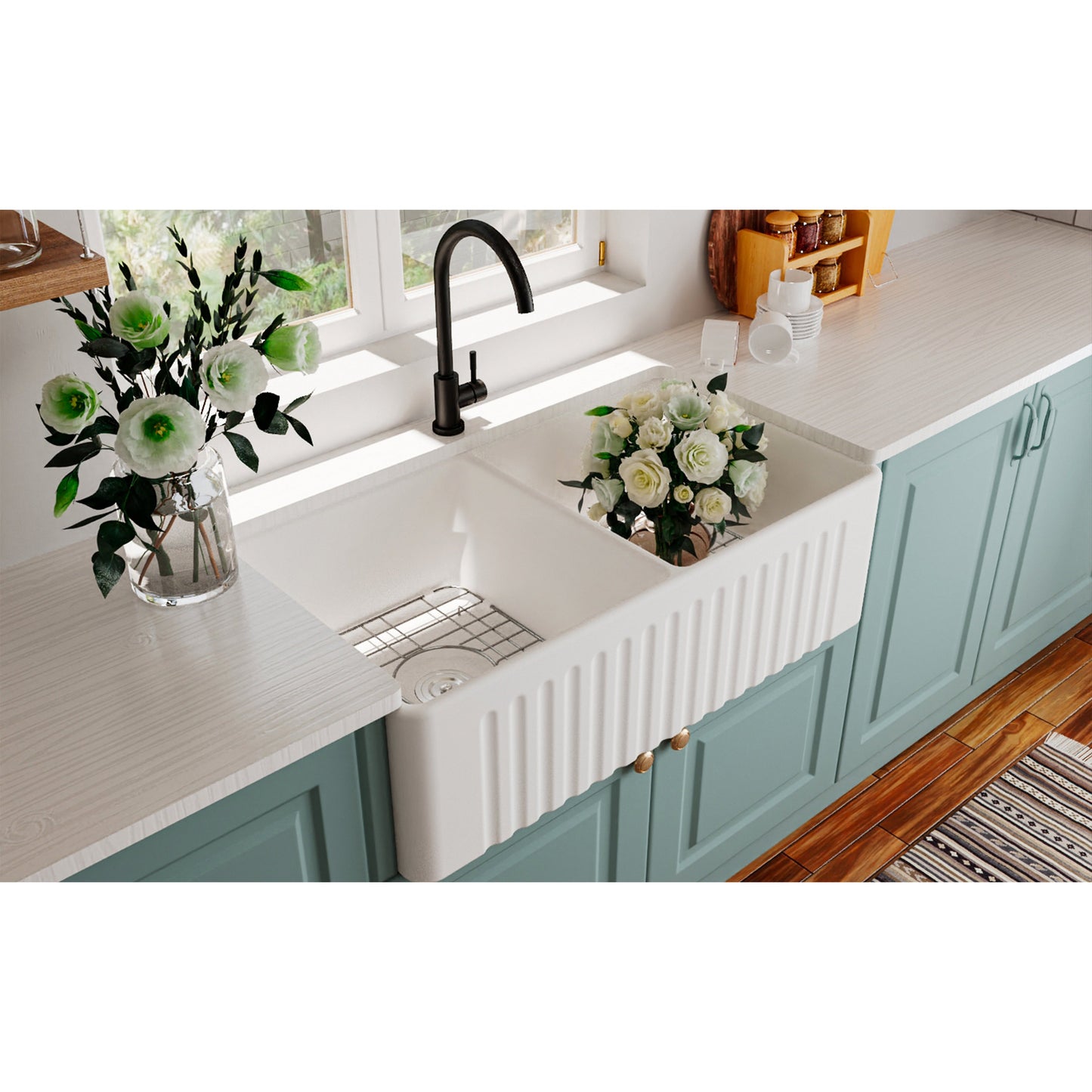 DeerValley Eclipse 33" Double Bowl Rectangular White Ceramic Reversible Farmhouse Kitchen Sink With Basket Strainer Drain and Grid