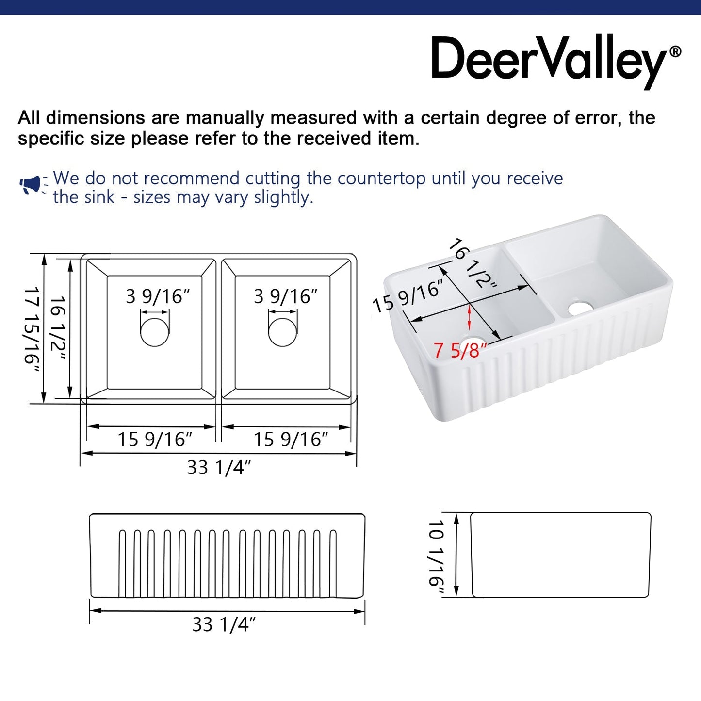 DeerValley Eclipse 33" Double Bowl Rectangular White Ceramic Reversible Farmhouse Kitchen Sink With Basket Strainer Drain and Grid