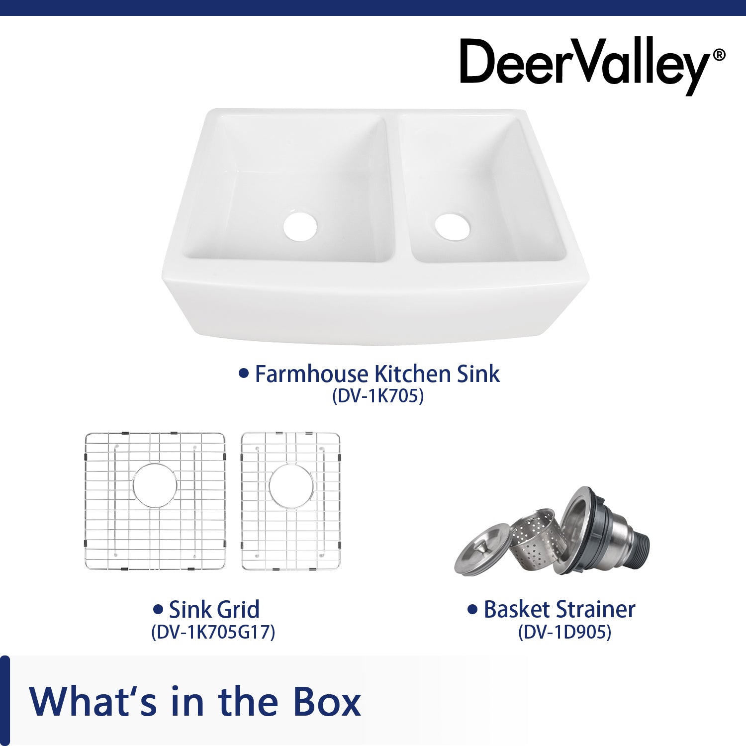 DeerValley Eclipse 33" Double Bowl Rectangular White Hollow Cast Farmhouse Kitchen Sink With Basket Strainer Drain and Grid