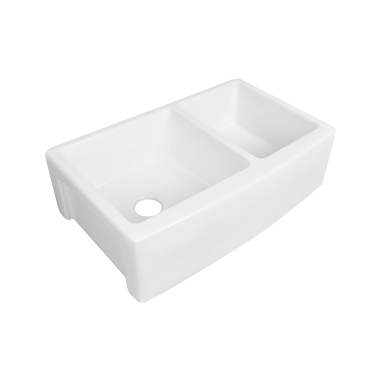 DeerValley Eclipse 33" Double Bowl Rectangular White Hollow Cast Farmhouse Kitchen Sink With Basket Strainer Drain and Grid