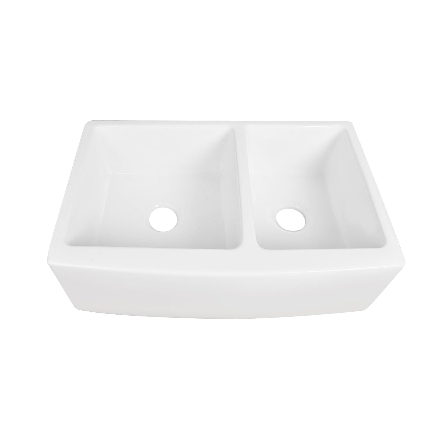 DeerValley Eclipse 33" Double Bowl Rectangular White Hollow Cast Farmhouse Kitchen Sink With Basket Strainer Drain and Grid