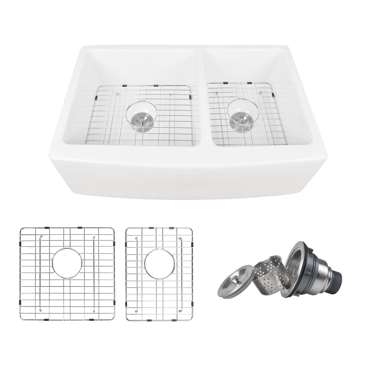 DeerValley Eclipse 33" Double Bowl Rectangular White Hollow Cast Farmhouse Kitchen Sink With Basket Strainer Drain and Grid