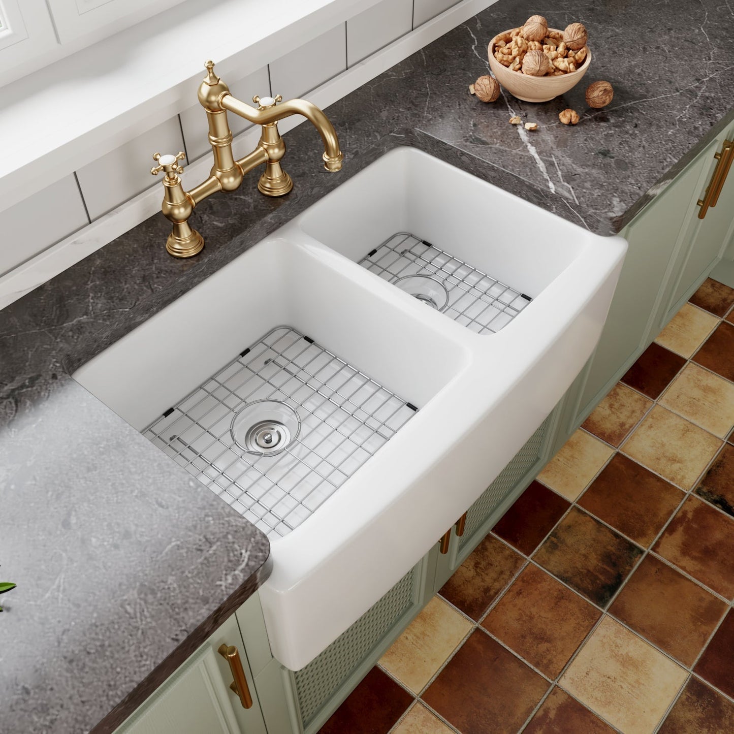 DeerValley Eclipse 33" Double Bowl Rectangular White Hollow Cast Farmhouse Kitchen Sink With Basket Strainer Drain and Grid