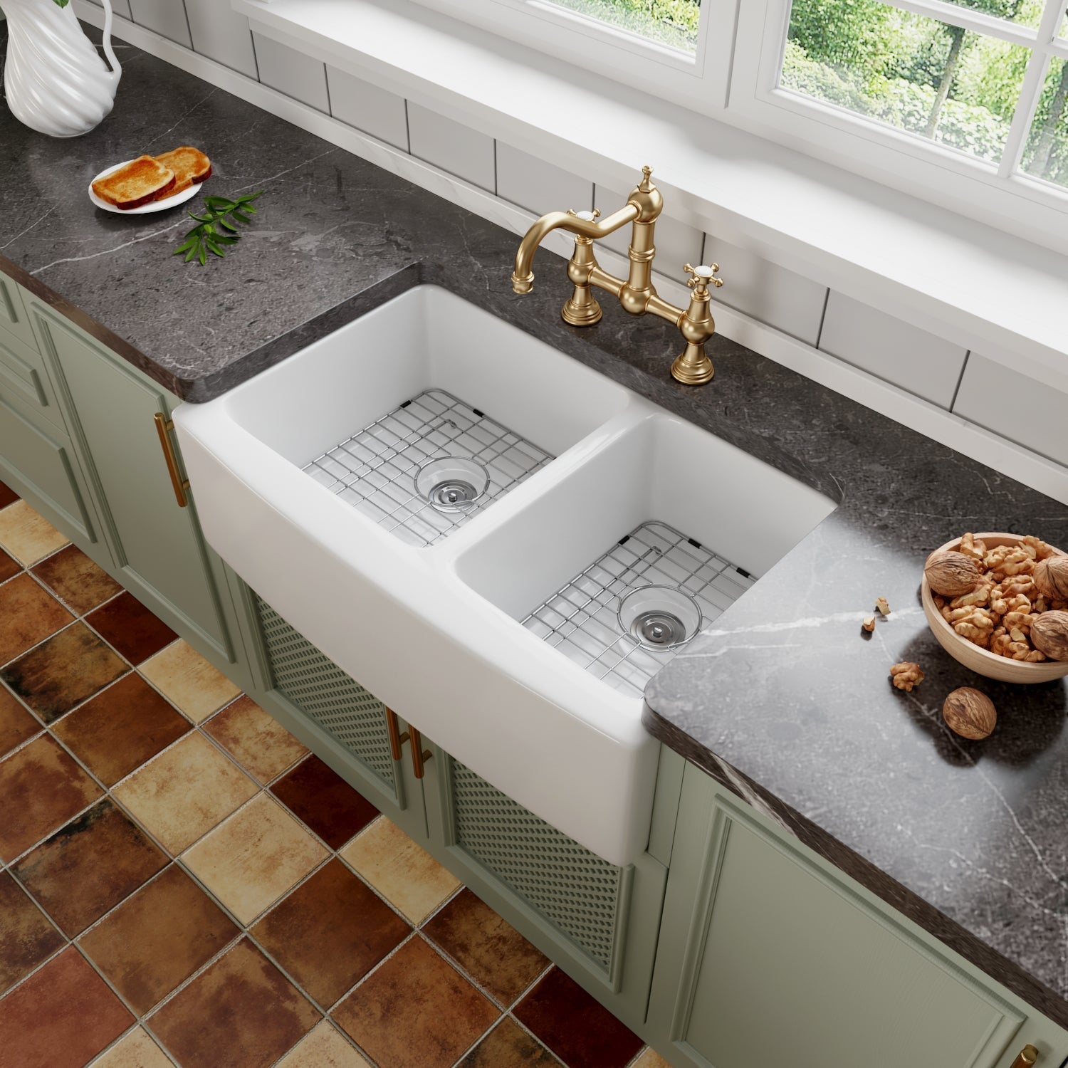 DeerValley Eclipse 33" Double Bowl Rectangular White Hollow Cast Farmhouse Kitchen Sink With Basket Strainer Drain and Grid