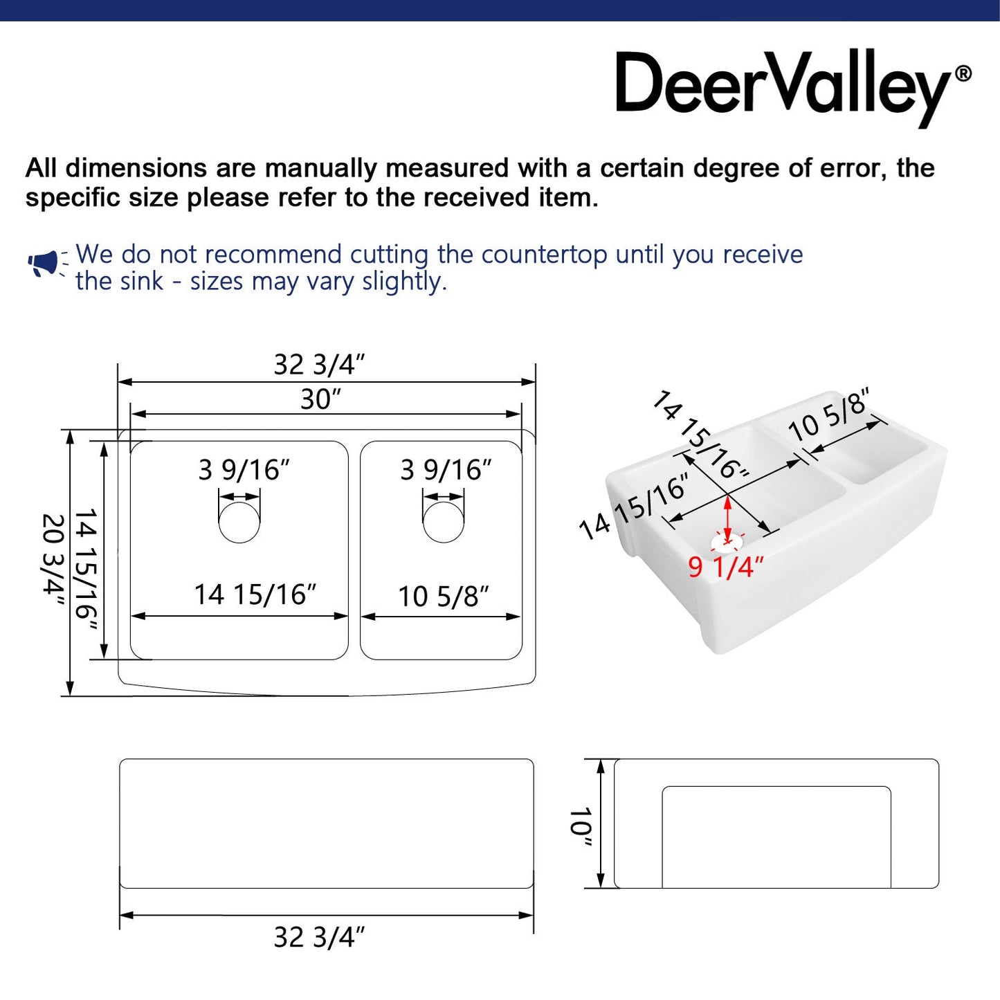 DeerValley Eclipse 33" Double Bowl Rectangular White Hollow Cast Farmhouse Kitchen Sink With Basket Strainer Drain and Grid