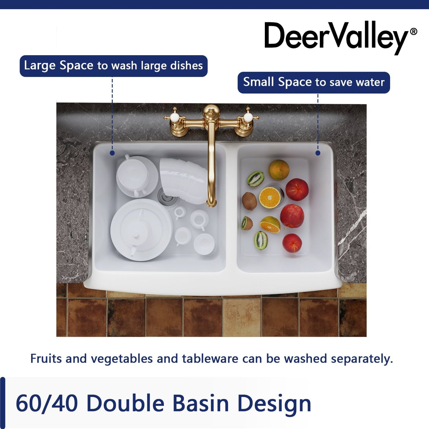 DeerValley Eclipse 33" Double Bowl Rectangular White Hollow Cast Farmhouse Kitchen Sink With Basket Strainer Drain and Grid