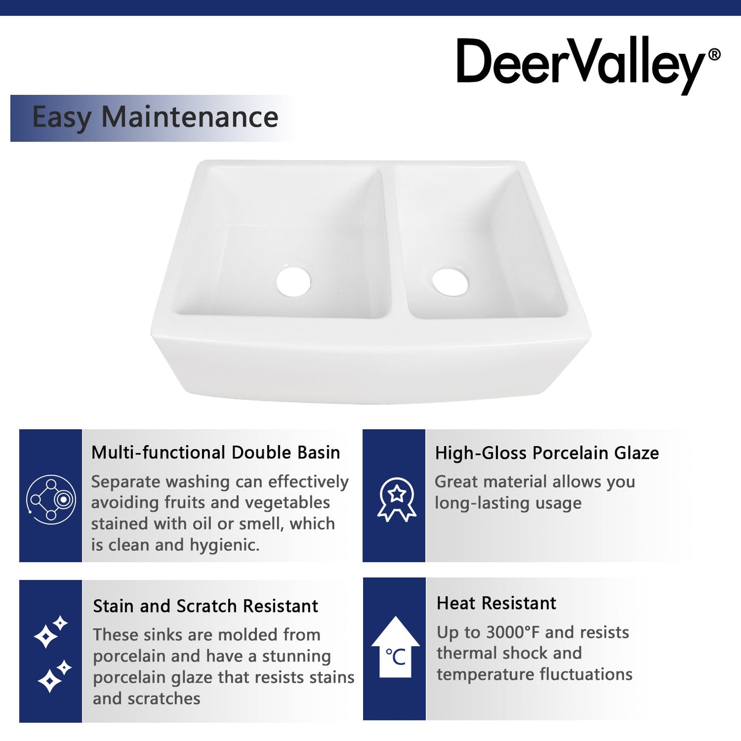 DeerValley Eclipse 33" Double Bowl Rectangular White Hollow Cast Farmhouse Kitchen Sink With Basket Strainer Drain and Grid