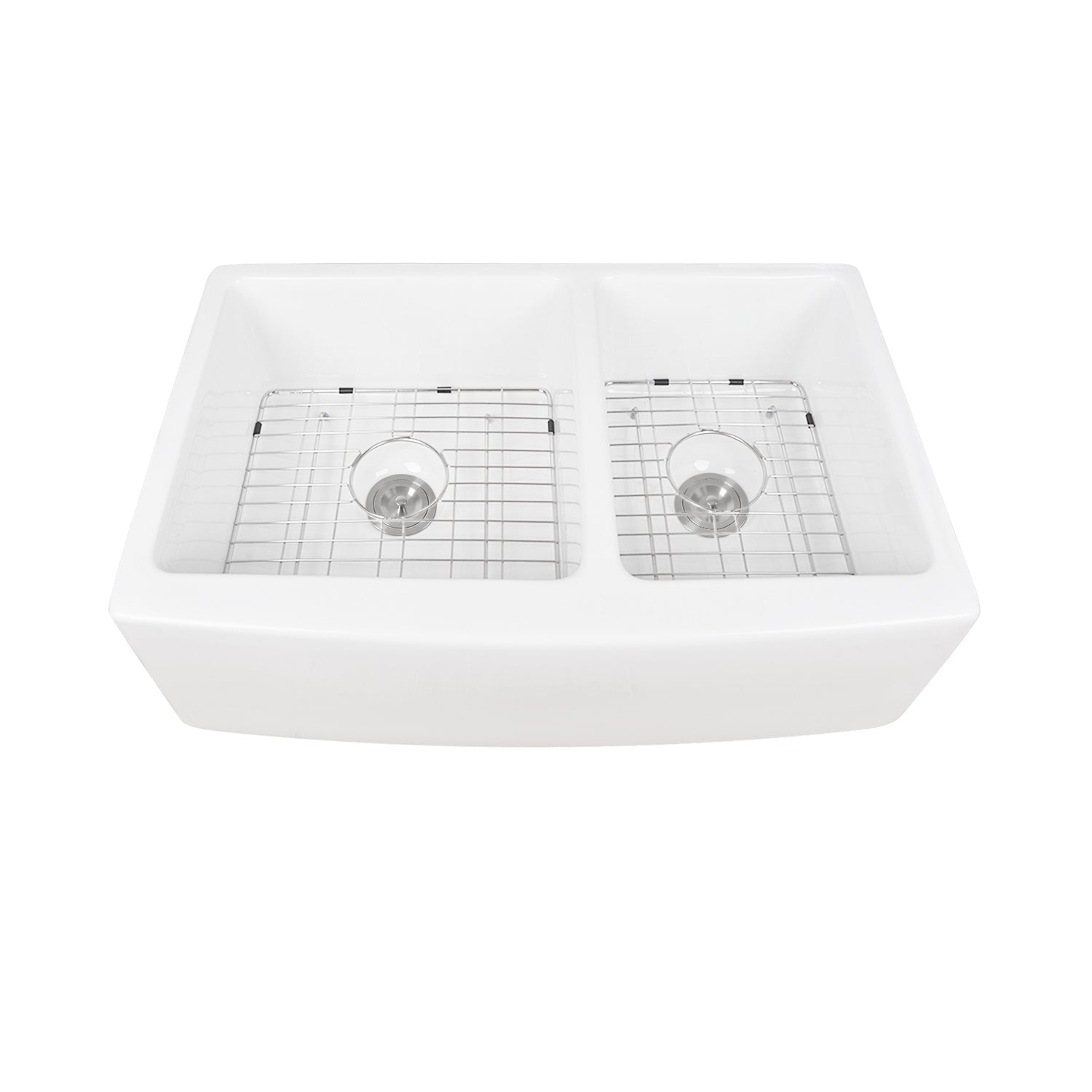 DeerValley Eclipse 33" Double Bowl Rectangular White Hollow Cast Farmhouse Kitchen Sink With Basket Strainer Drain and Grid