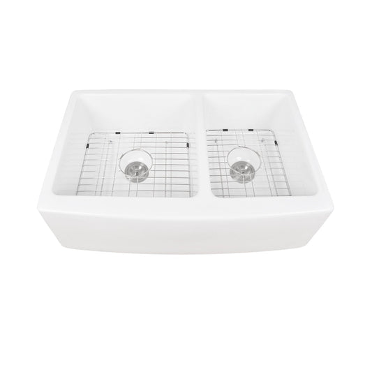 DeerValley Eclipse 33" Double Bowl Rectangular White Hollow Cast Farmhouse Kitchen Sink With Basket Strainer Drain and Grid