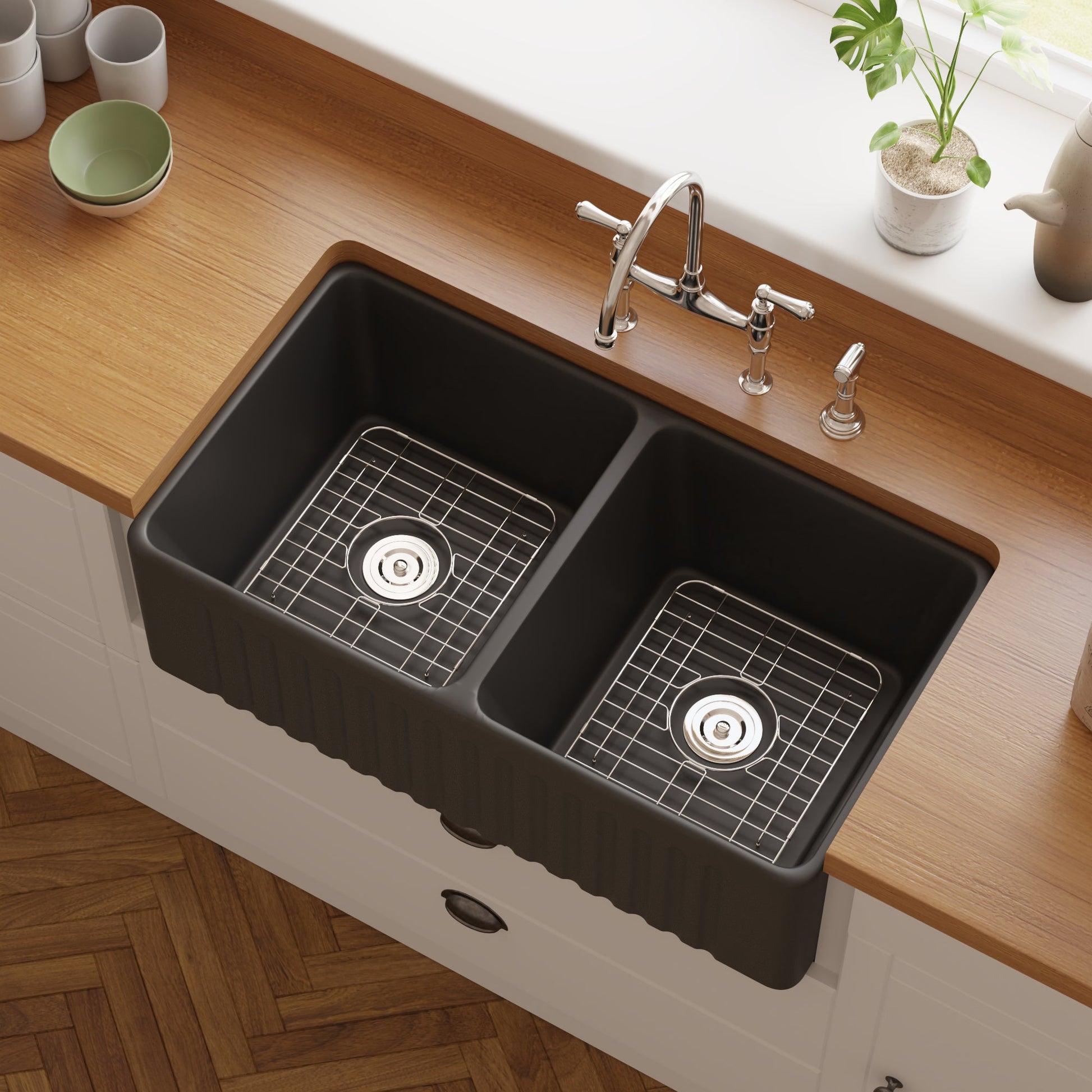 DeerValley Eclipse 33" L X 18" W 2-Basin Rectangular Black Cermic Reversible Farmhouse Kitchen Sink With Basket Strainer Drain and Grid