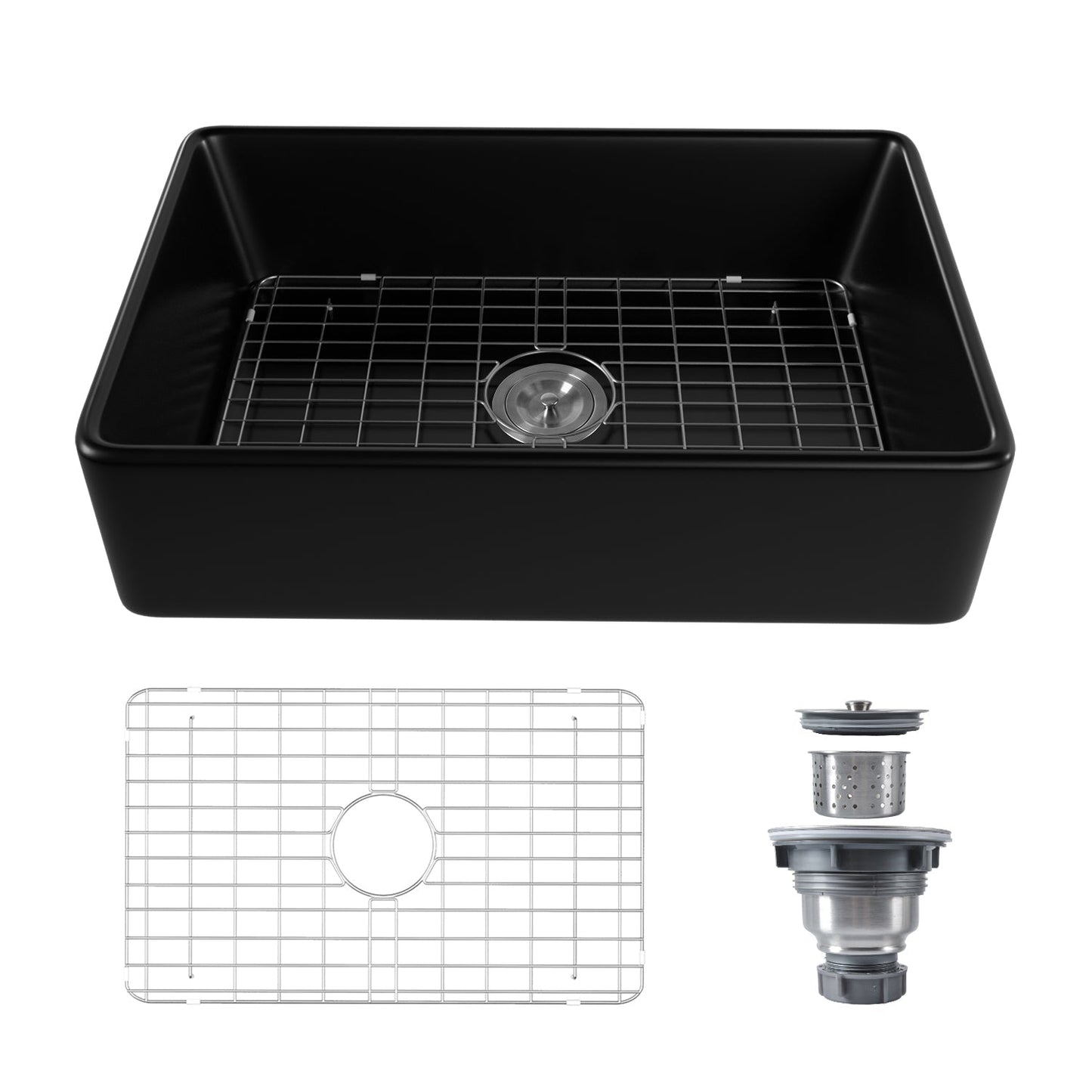 DeerValley Feast 33" L x 20" W DV-1K0082 Rectangular Black Large Capacity Farmhouse Kitchen Sink With Basket Strainer Drain and Grid