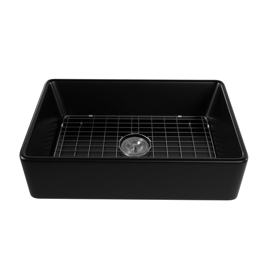 DeerValley Feast 33" Single Bowl Rectangular Black Large Capacity Farmhouse Kitchen Sink With Basket Strainer Drain and Grid