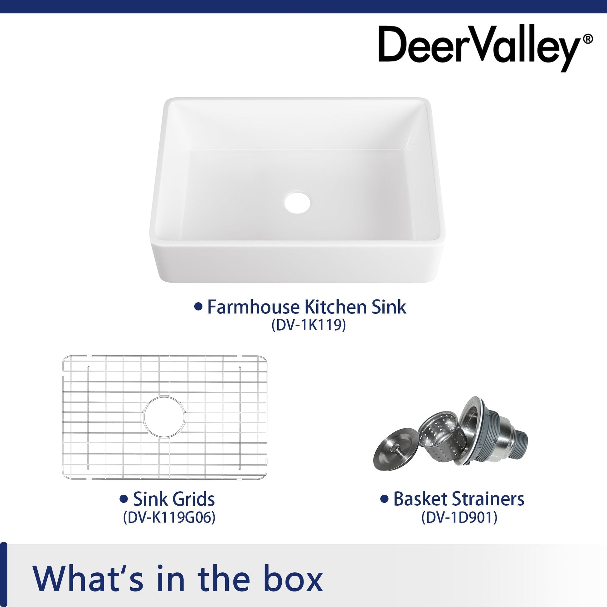 DeerValley Feast 33" Single Bowl Rectangular White Large Capacity Farmhouse Kitchen Sink With Basket Strainer Drain and Grid