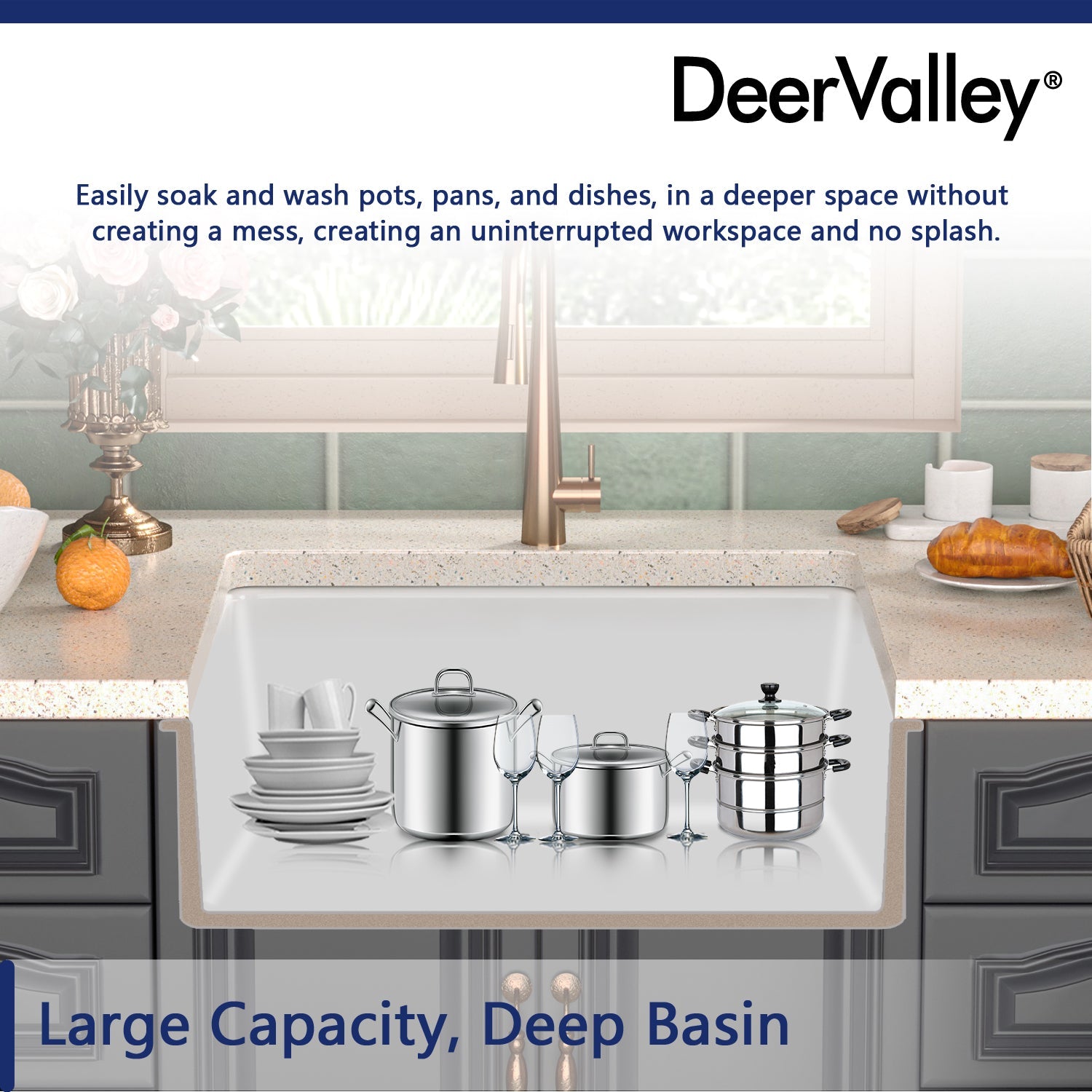 DeerValley Glen 24" L x 19" W DV-1K515 Rectangle White Fireclay Large Capacity Undermount or Topmount Farmhouse Kitchen Sink With Basket Strainer Drain and Grid