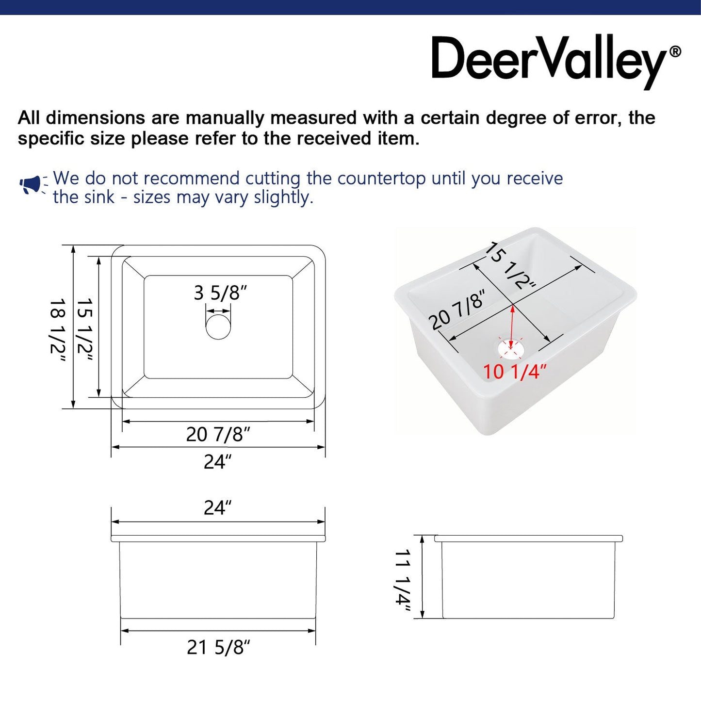 DeerValley Glen 24" Single Bowl Rectangle White Fireclay Large Capacity Undermount or Topmount Farmhouse Kitchen Sink With Basket Strainer Drain and Grid