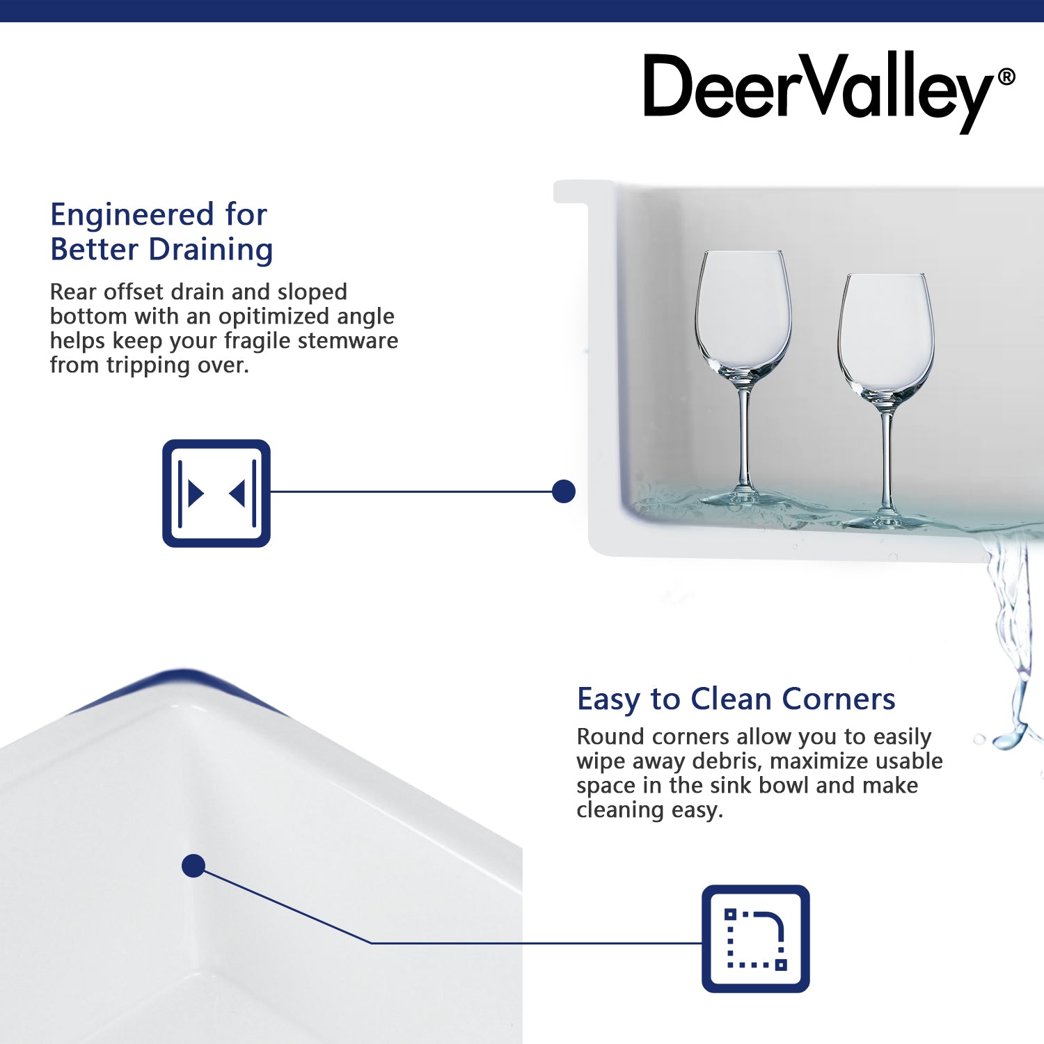 DeerValley Glen 24" Single Bowl Rectangle White Fireclay Large Capacity Undermount or Topmount Farmhouse Kitchen Sink With Basket Strainer Drain and Grid