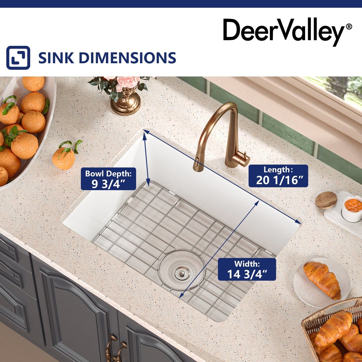 DeerValley Glen 24" Single Bowl Rectangle White Fireclay Large Capacity Undermount or Topmount Farmhouse Kitchen Sink With Basket Strainer Drain and Grid