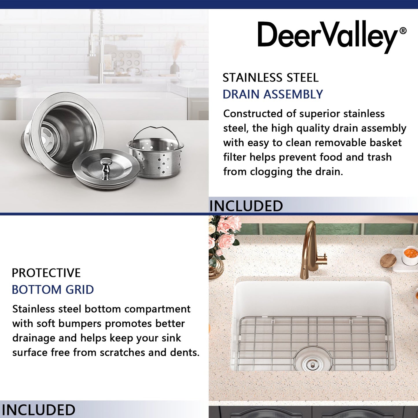 DeerValley Glen 24" Single Bowl Rectangle White Fireclay Large Capacity Undermount or Topmount Farmhouse Kitchen Sink With Basket Strainer Drain and Grid