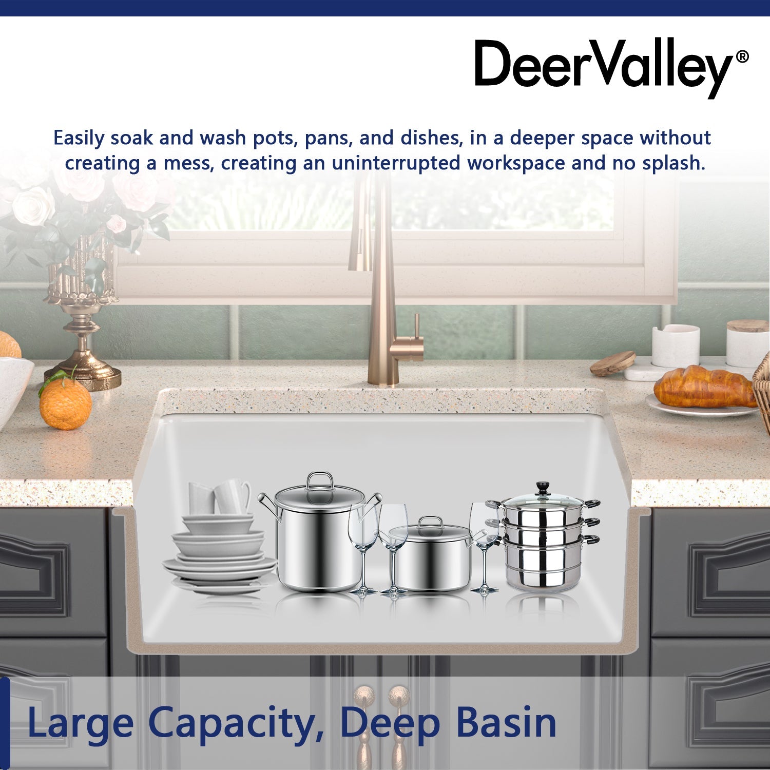 DeerValley Glen 24" Single Bowl Rectangle White Fireclay Large Capacity Undermount or Topmount Farmhouse Kitchen Sink With Basket Strainer Drain and Grid