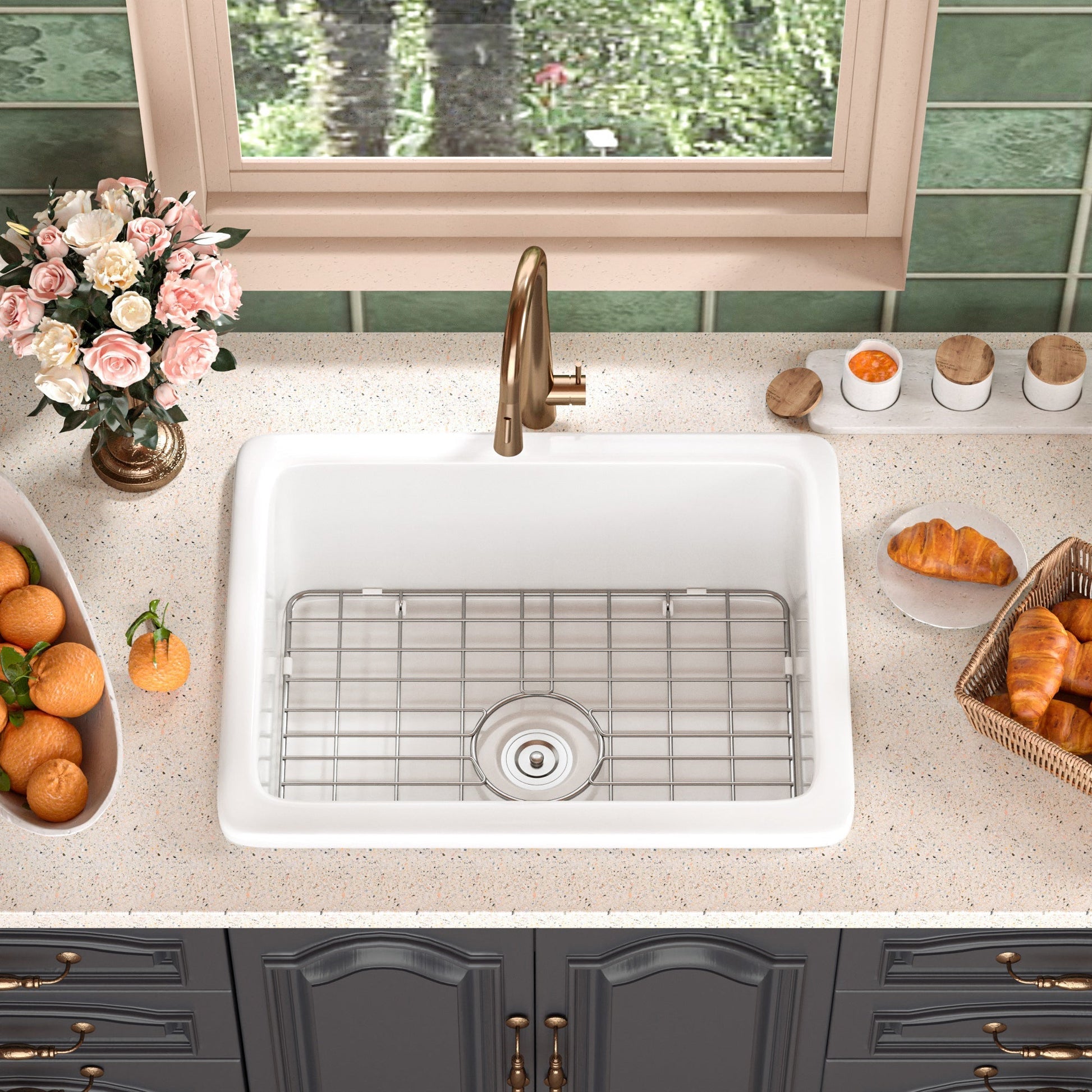 DeerValley Glen 24" Single Bowl Rectangle White Fireclay Large Capacity Undermount or Topmount Farmhouse Kitchen Sink With Basket Strainer Drain and Grid