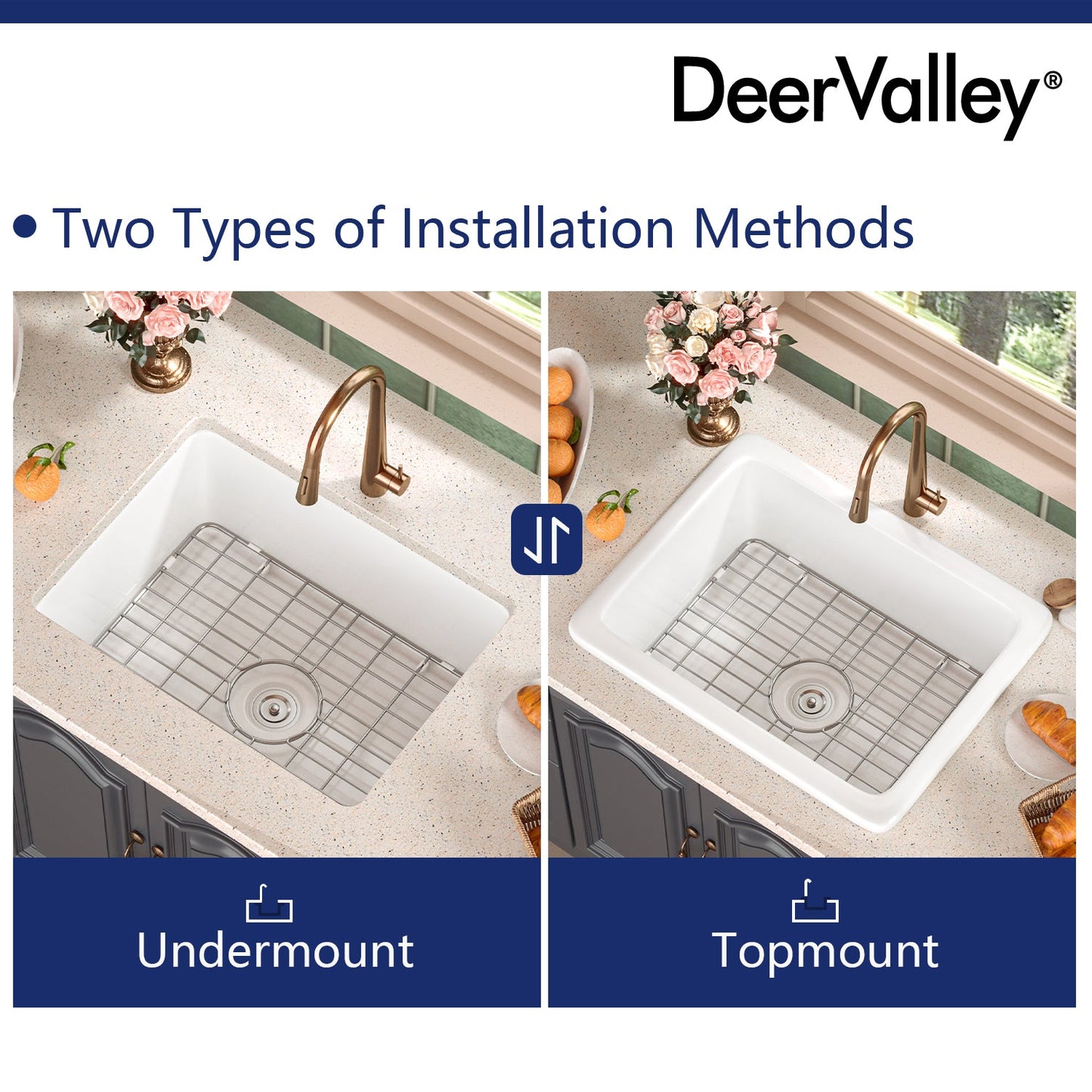 DeerValley Glen 24" Single Bowl Rectangle White Fireclay Large Capacity Undermount or Topmount Farmhouse Kitchen Sink With Basket Strainer Drain and Grid