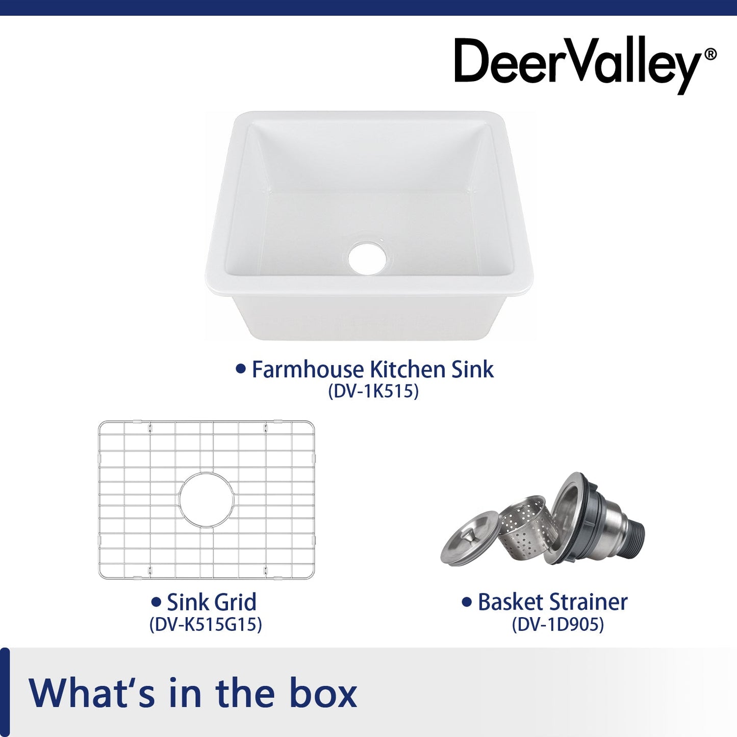 DeerValley Glen 24" Single Bowl Rectangle White Fireclay Large Capacity Undermount or Topmount Farmhouse Kitchen Sink With Basket Strainer Drain and Grid