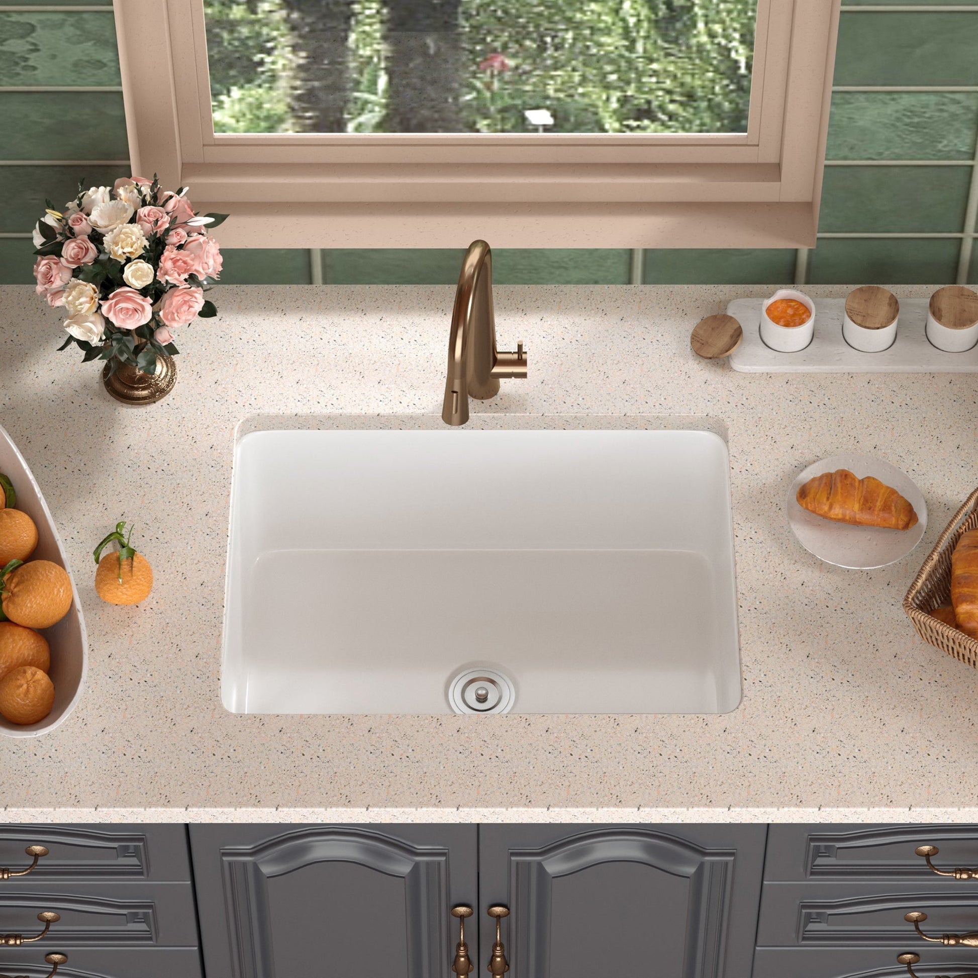 DeerValley Glen 24" Single Bowl Rectangle White Fireclay Large Capacity Undermount or Topmount Farmhouse Kitchen Sink With Basket Strainer Drain and Grid