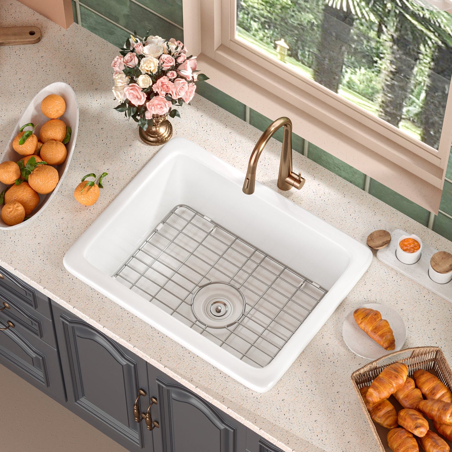 DeerValley Glen 24" Single Bowl Rectangle White Fireclay Large Capacity Undermount or Topmount Farmhouse Kitchen Sink With Basket Strainer Drain and Grid