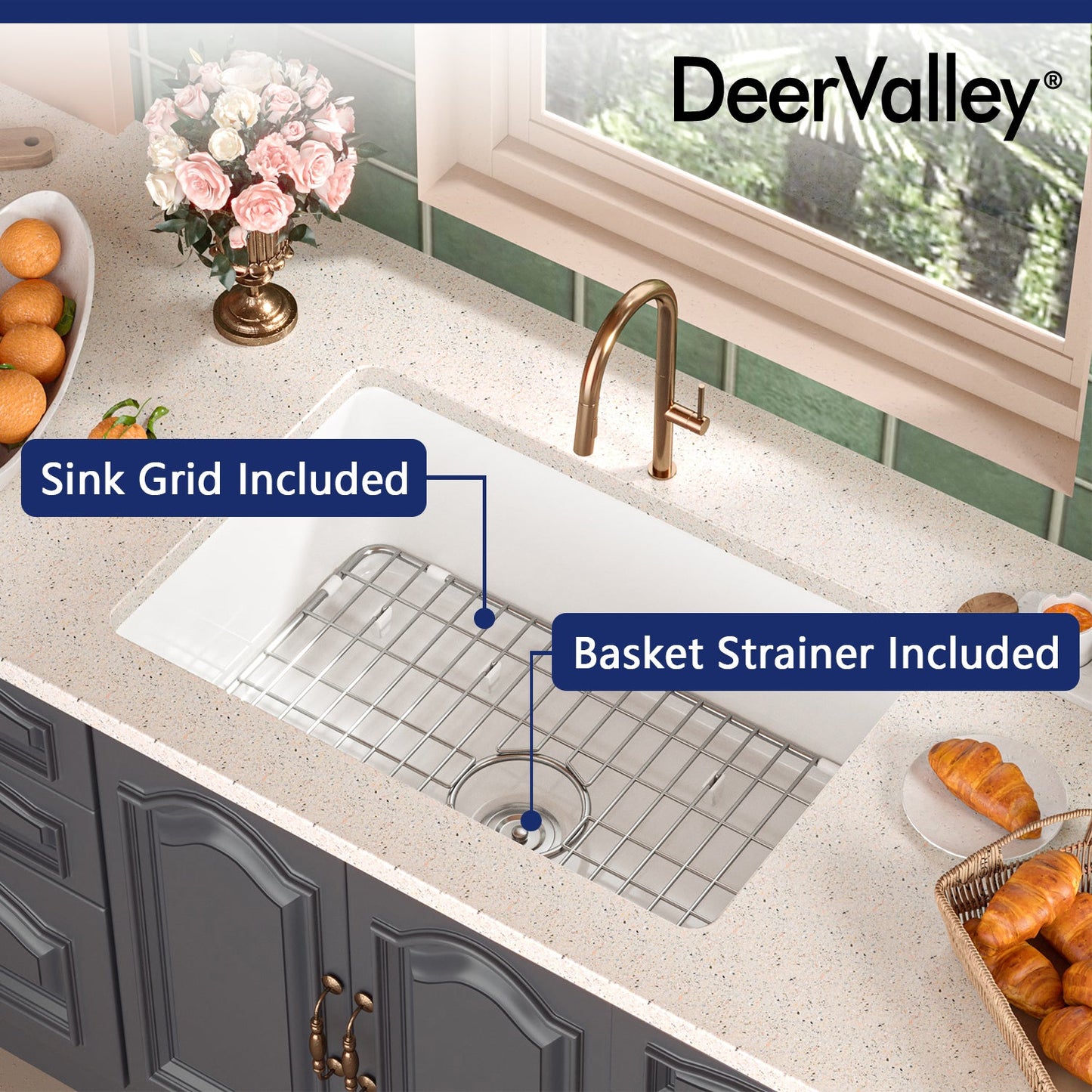 DeerValley Glen 27" Single Bowl Rectangle White Fireclay Large Capacity Undermount or Topmount Farmhouse Kitchen Sink With Basket Strainer Drain and Grid