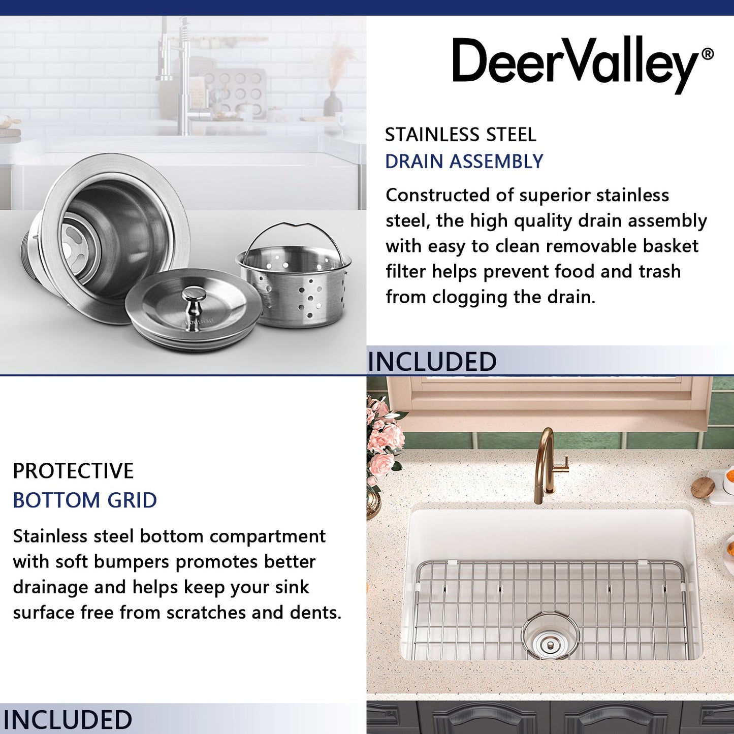 DeerValley Glen 27" Single Bowl Rectangle White Fireclay Large Capacity Undermount or Topmount Farmhouse Kitchen Sink With Basket Strainer Drain and Grid