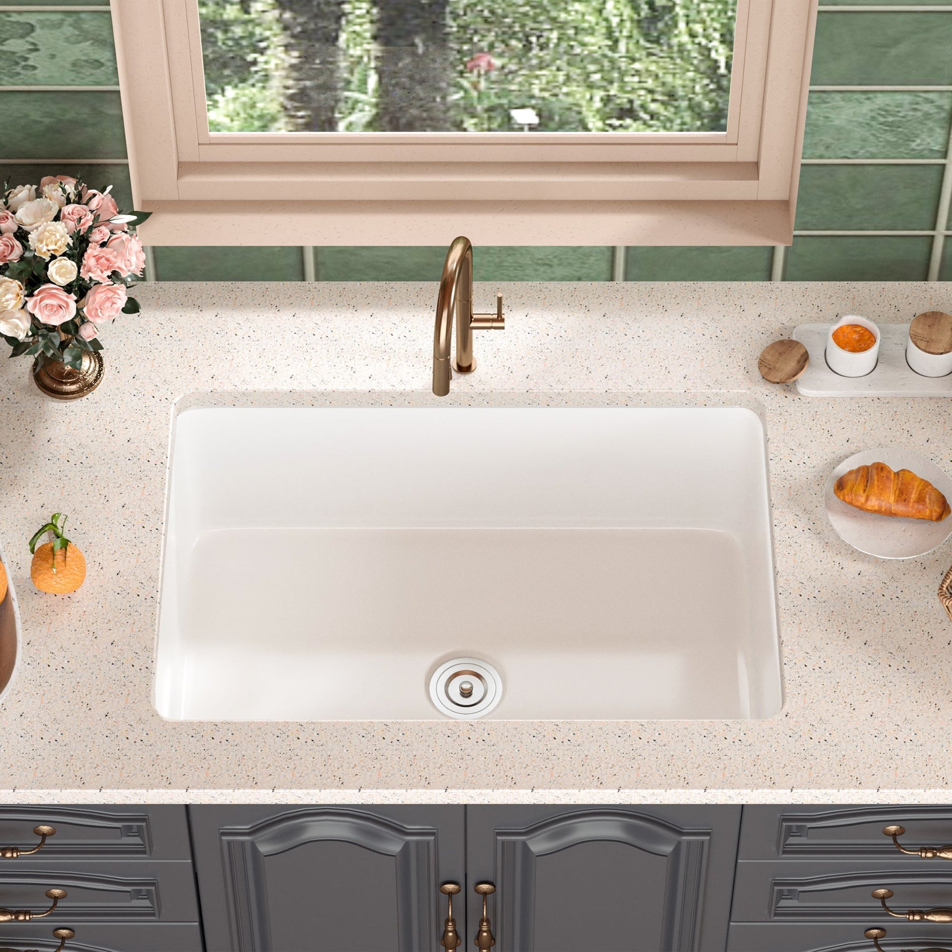 DeerValley Glen 27" Single Bowl Rectangle White Fireclay Large Capacity Undermount or Topmount Farmhouse Kitchen Sink With Basket Strainer Drain and Grid