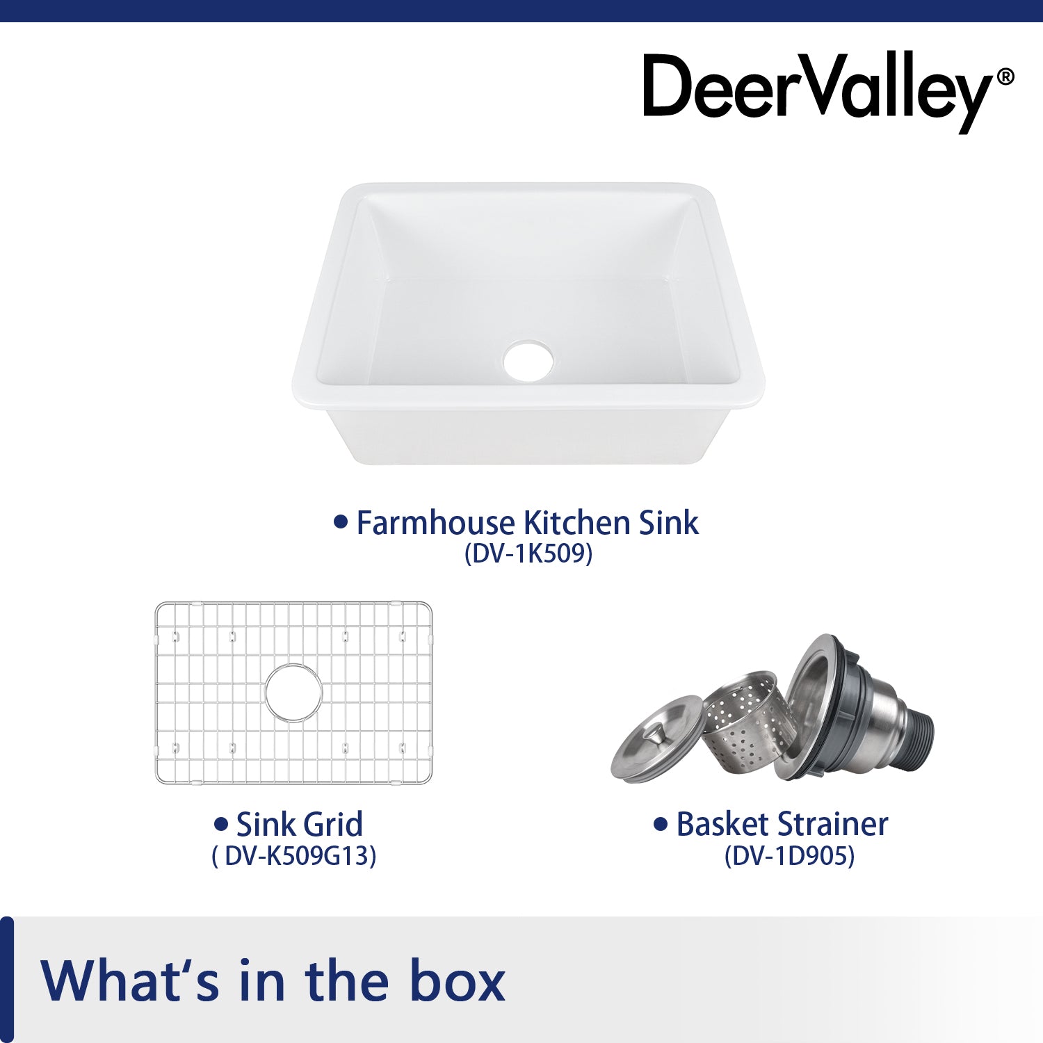 DeerValley Glen 27" Single Bowl Rectangle White Fireclay Large Capacity Undermount or Topmount Farmhouse Kitchen Sink With Basket Strainer Drain and Grid