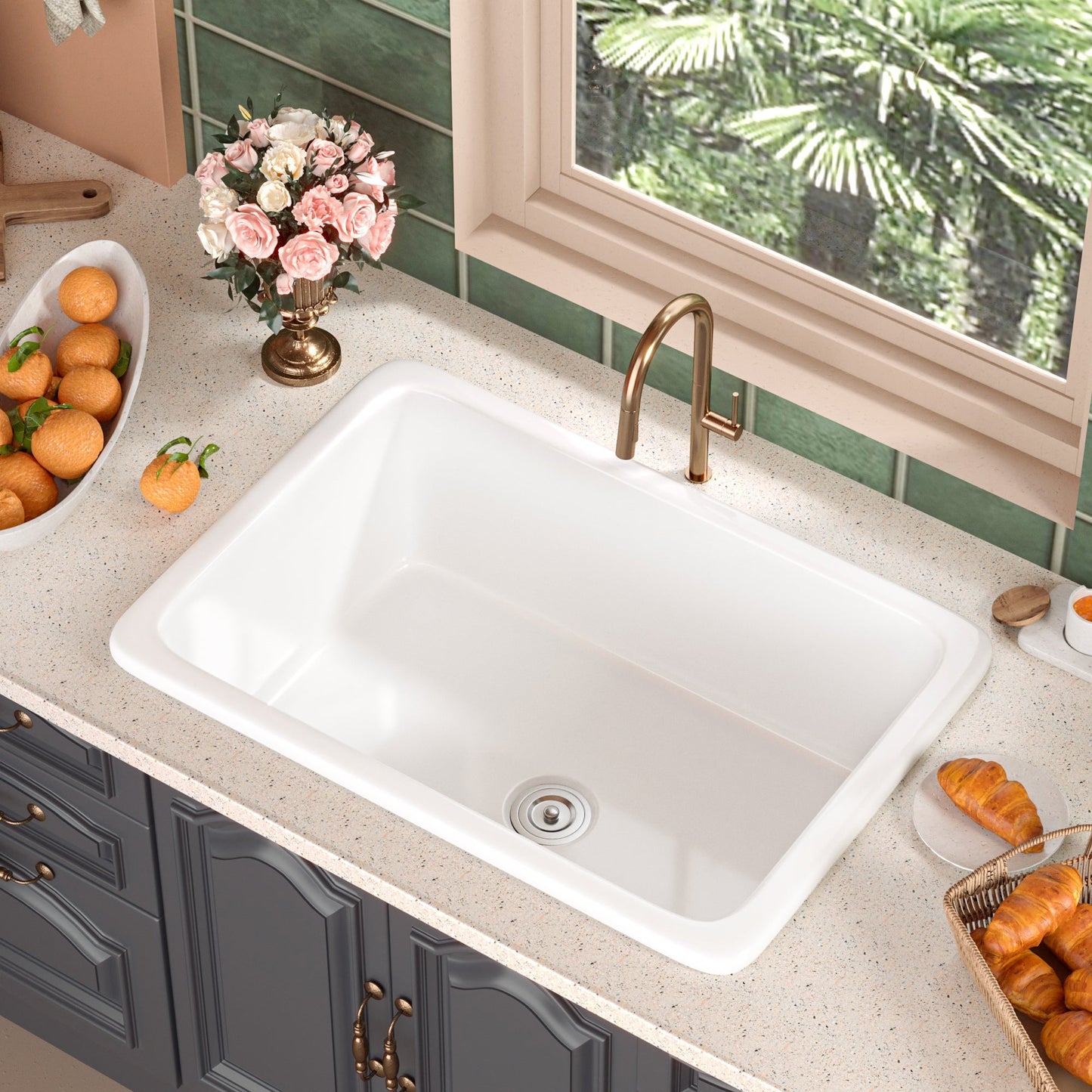 DeerValley Glen 27" Single Bowl Rectangle White Fireclay Large Capacity Undermount or Topmount Farmhouse Kitchen Sink With Basket Strainer Drain and Grid