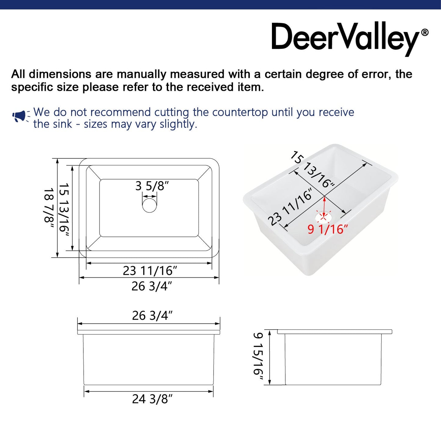 DeerValley Glen 27" Single Bowl Rectangle White Fireclay Large Capacity Undermount or Topmount Farmhouse Kitchen Sink With Basket Strainer Drain and Grid