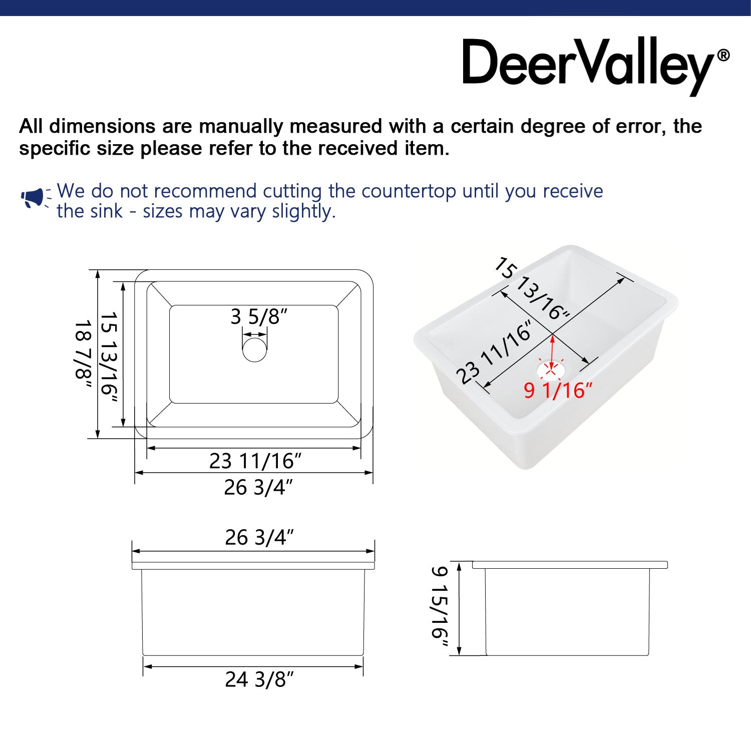 DeerValley Glen 27" Single Bowl Rectangle White Fireclay Large Capacity Undermount or Topmount Farmhouse Kitchen Sink With Basket Strainer Drain and Grid