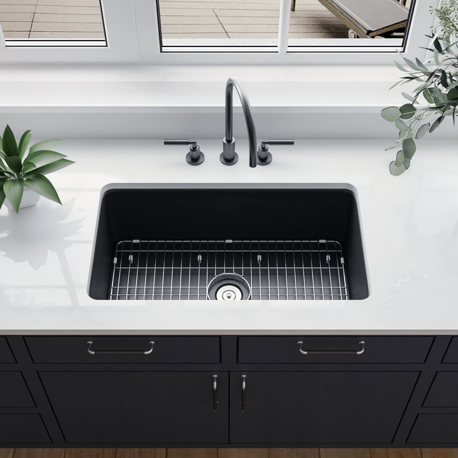DeerValley Glen 32" L x 19" W DV-1K0016 Rectangle Black Fireclay Easy-Cleaning Undermount or Topmount Farmhouse Kitchen Sink With Basket Strainer Drain and Grid