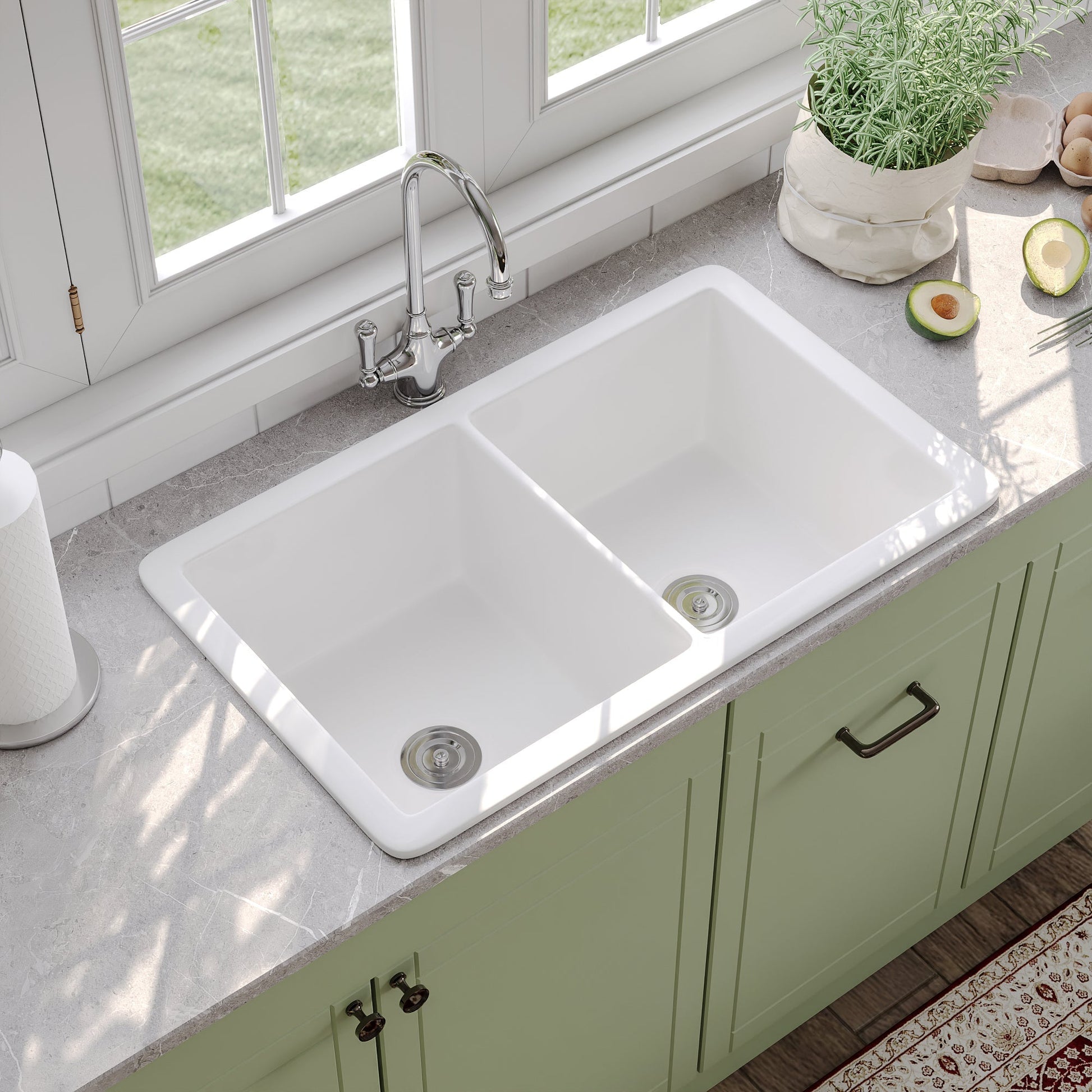 DeerValley Glen 32" L x 19" W DV-1K513 Rectangle White Fireclay Large Capacity Undermount or Topmount Farmhouse Kitchen Sink With Basket Strainer Drain and Grid