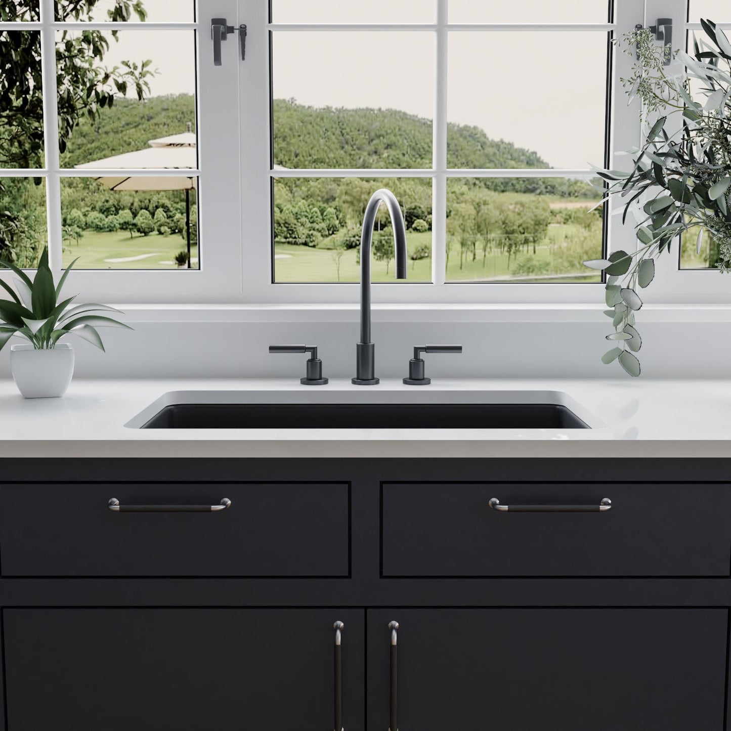 DeerValley Glen 32" Single Bowl Rectangle Black Fireclay Easy-Cleaning Undermount or Topmount Farmhouse Kitchen Sink With Basket Strainer Drain and Grid