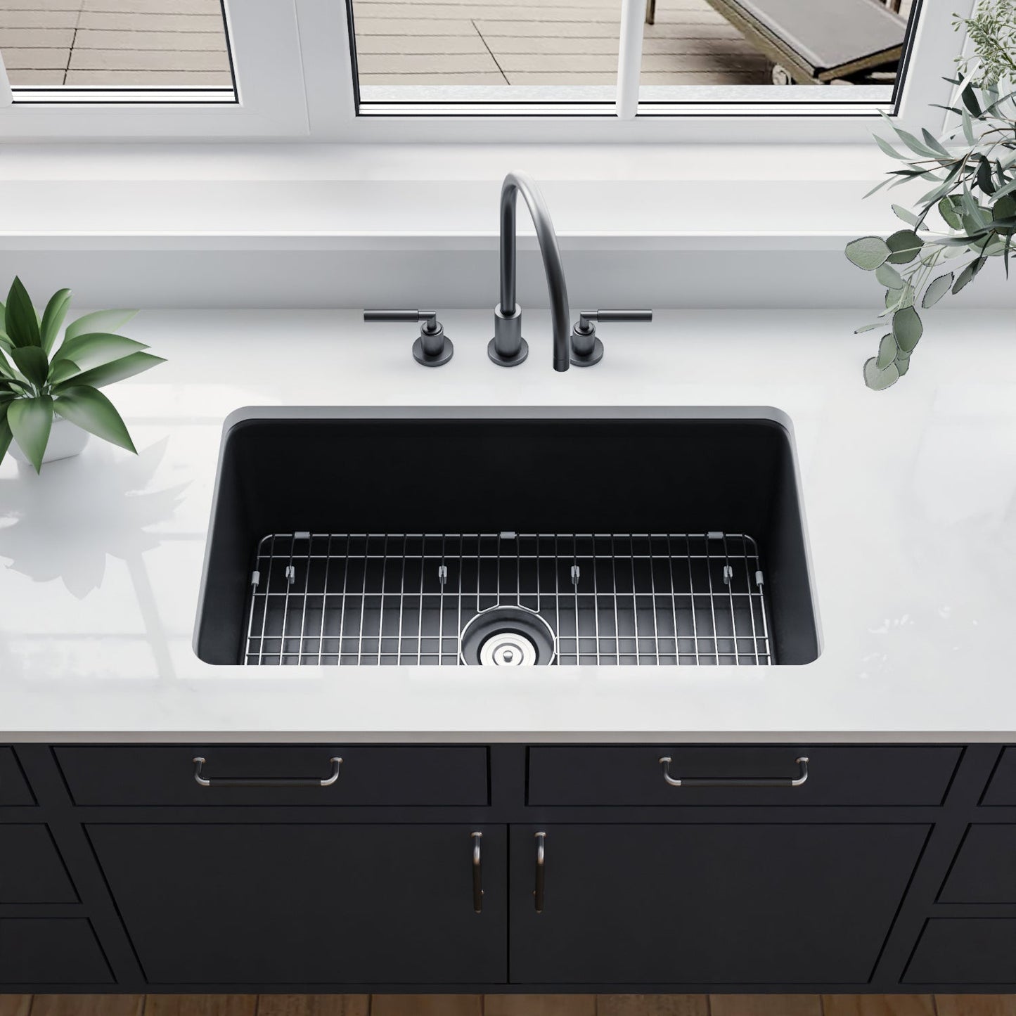 DeerValley Glen 32" Single Bowl Rectangle Black Fireclay Easy-Cleaning Undermount or Topmount Farmhouse Kitchen Sink With Basket Strainer Drain and Grid