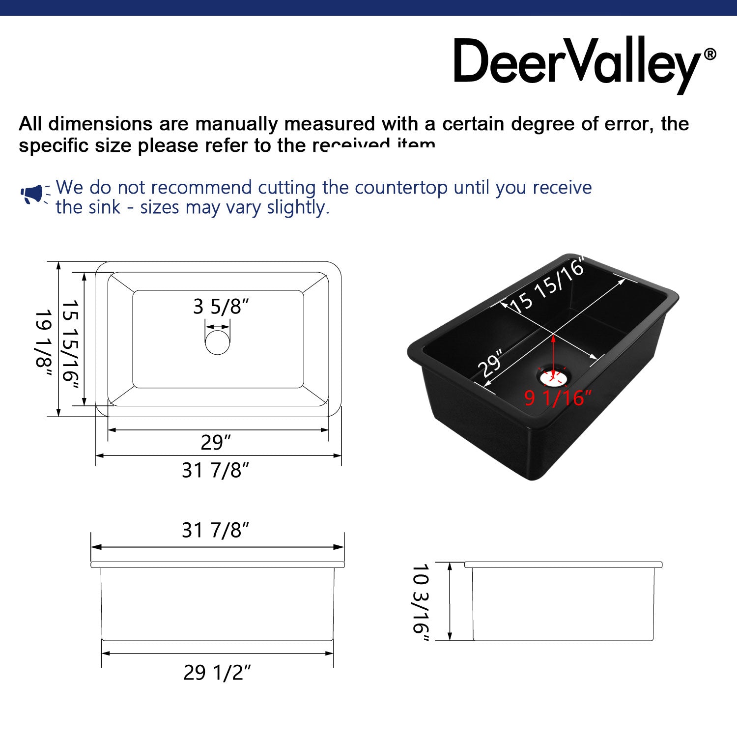 DeerValley Glen 32" Single Bowl Rectangle Black Fireclay Easy-Cleaning Undermount or Topmount Farmhouse Kitchen Sink With Basket Strainer Drain and Grid