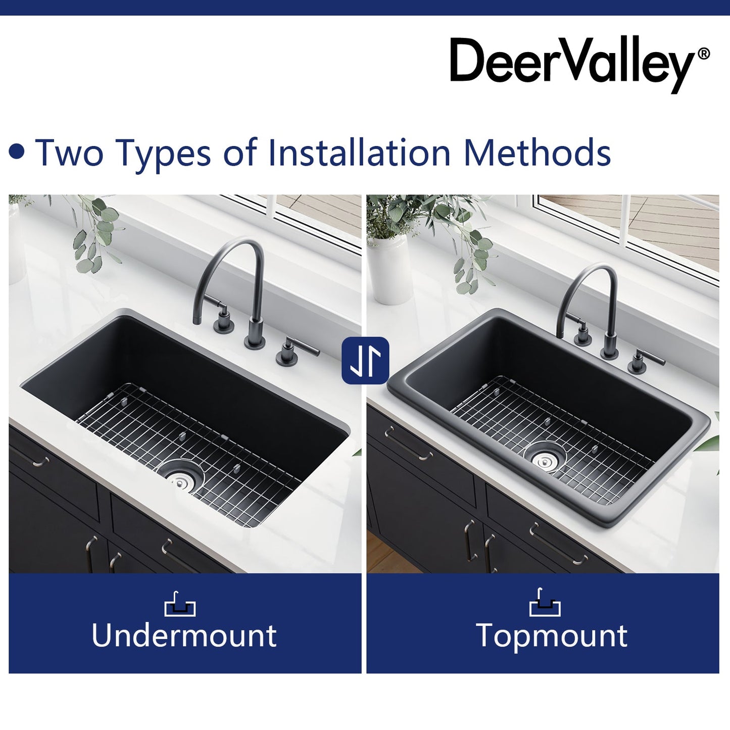 DeerValley Glen 32" Single Bowl Rectangle Black Fireclay Easy-Cleaning Undermount or Topmount Farmhouse Kitchen Sink With Basket Strainer Drain and Grid