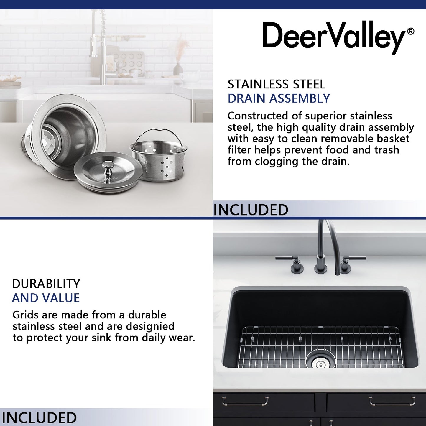 DeerValley Glen 32" Single Bowl Rectangle Black Fireclay Easy-Cleaning Undermount or Topmount Farmhouse Kitchen Sink With Basket Strainer Drain and Grid