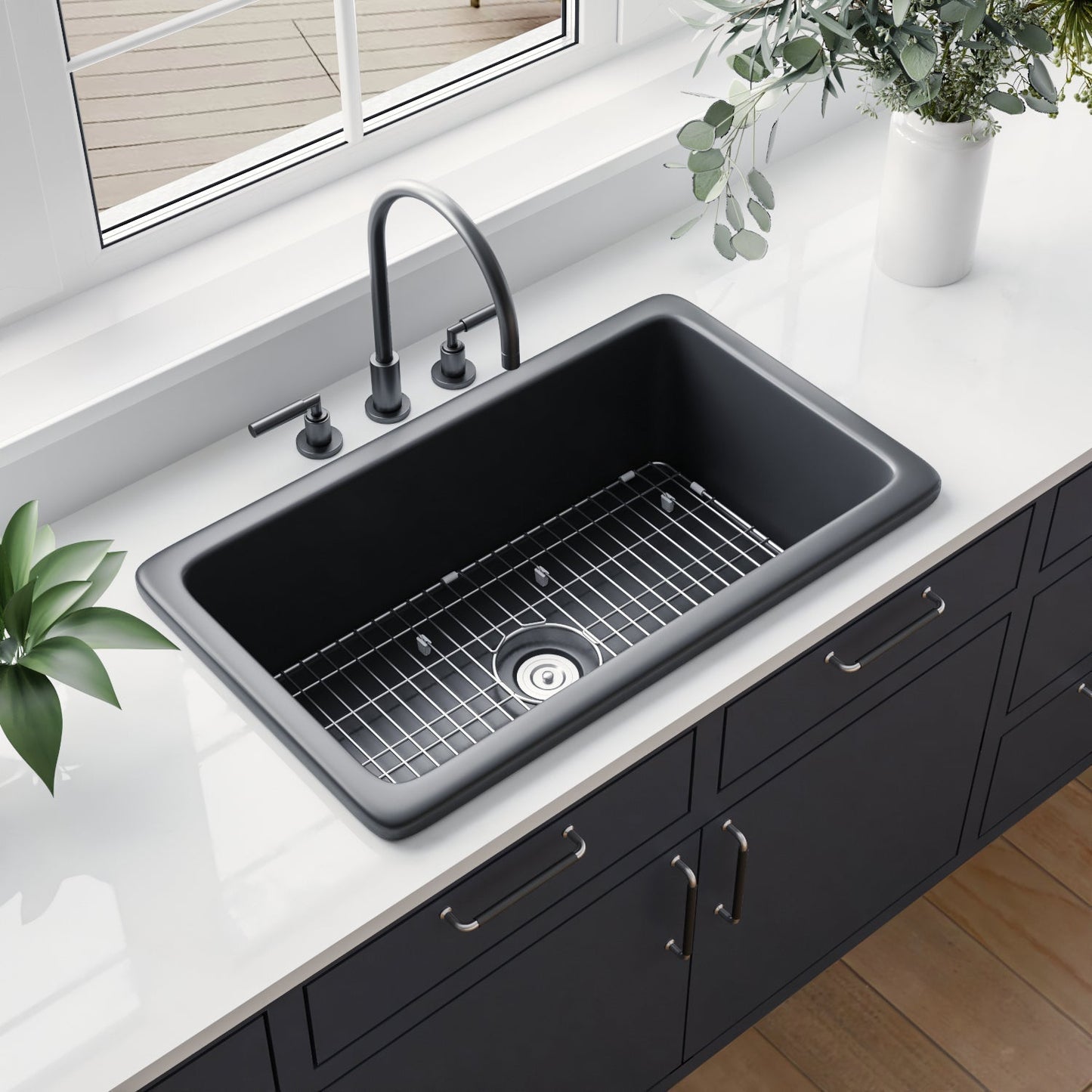 DeerValley Glen 32" Single Bowl Rectangle Black Fireclay Easy-Cleaning Undermount or Topmount Farmhouse Kitchen Sink With Basket Strainer Drain and Grid